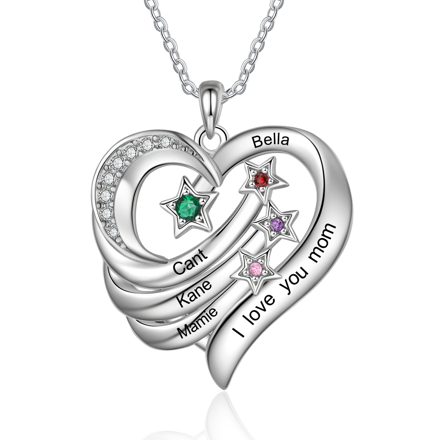 Personalised Moon Star Heart Women's Necklace Custom 4 Birthstones & 4 Names & 1 Text Gift for Her-Jessemade AU