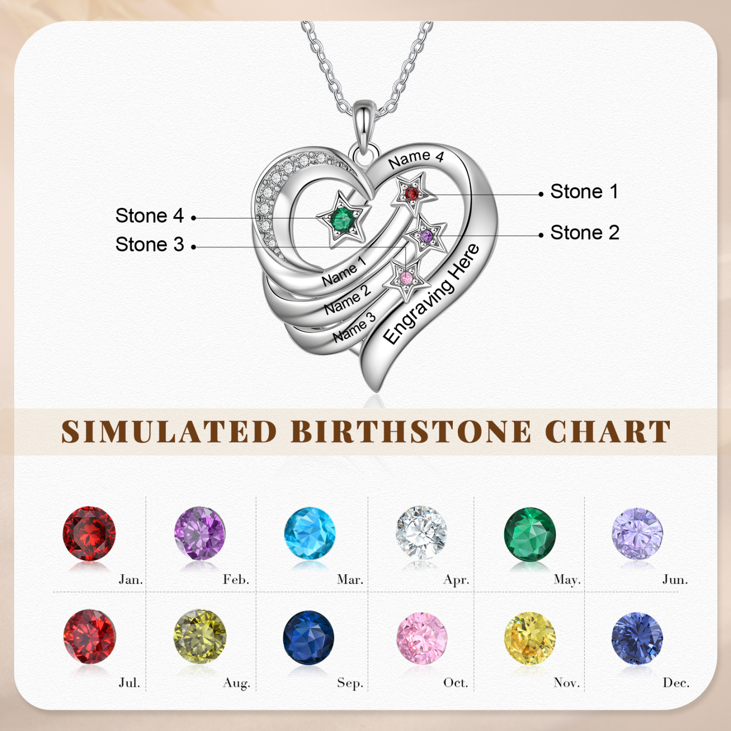 Personalised Moon Star Heart Women's Necklace Custom 4 Birthstones & 4 Names & 1 Text Gift for Her-Jessemade AU