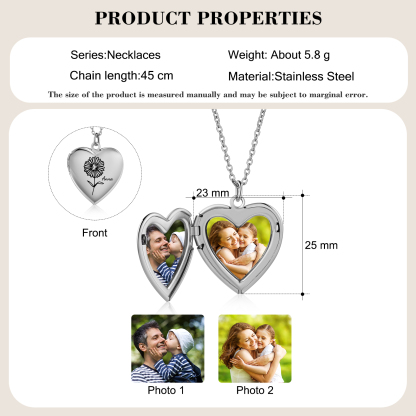 Personalised Heart Locket Pendant Necklace Custom 2 Photos & 1 Birth Flower Gift for Ladies Girls | Jessemade-Jessemade AU