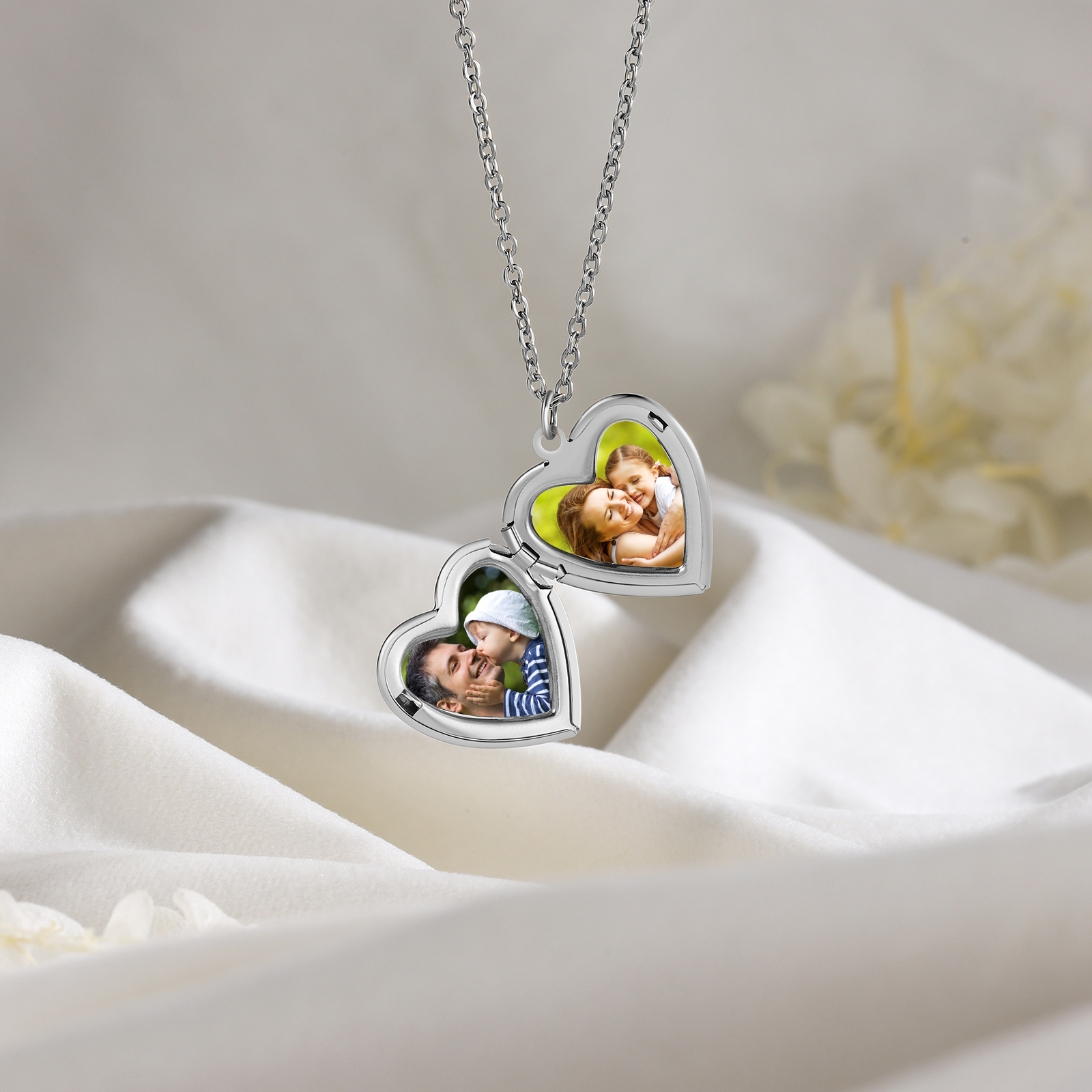 Personalised Heart Locket Pendant Necklace Custom 2 Photos & 1 Birth Flower Gift for Ladies Girls | Jessemade-Jessemade AU