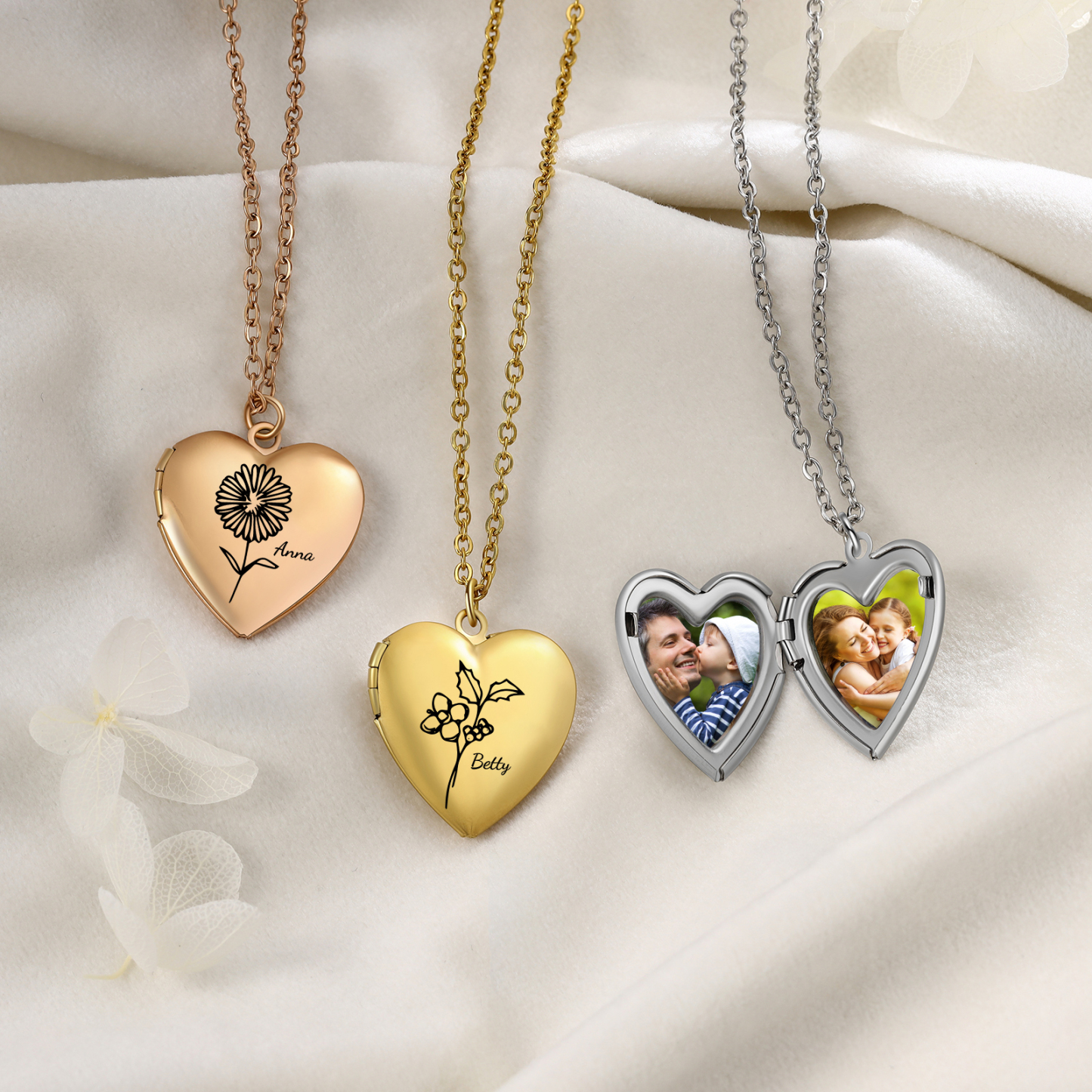 Personalised Heart Locket Pendant Necklace Custom 2 Photos & 1 Birth Flower Gift for Ladies Girls | Jessemade-Jessemade AU