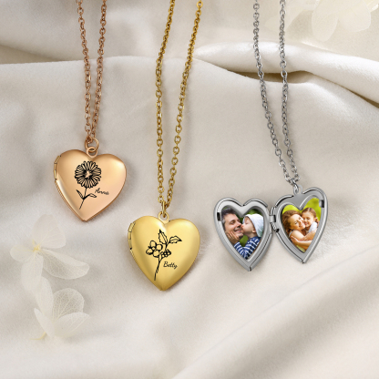 Personalised Heart Locket Pendant Necklace Custom 2 Photos & 1 Birth Flower Gift for Ladies Girls | Jessemade-Jessemade AU
