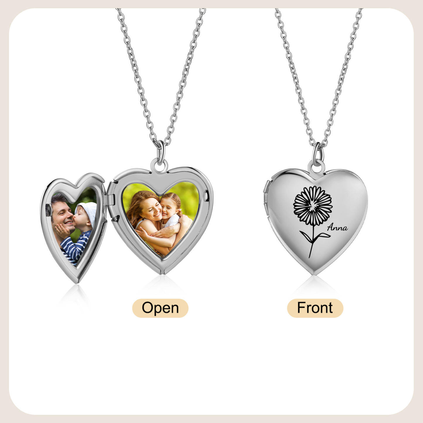 Personalised Heart Locket Pendant Necklace Custom 2 Photos & 1 Birth Flower Gift for Ladies Girls | Jessemade-Jessemade AU