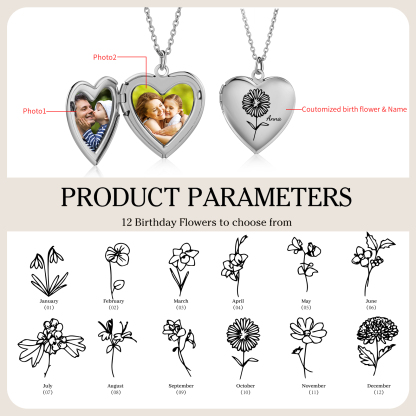 Personalised Heart Locket Pendant Necklace Custom 2 Photos & 1 Birth Flower Gift for Ladies Girls | Jessemade-Jessemade AU