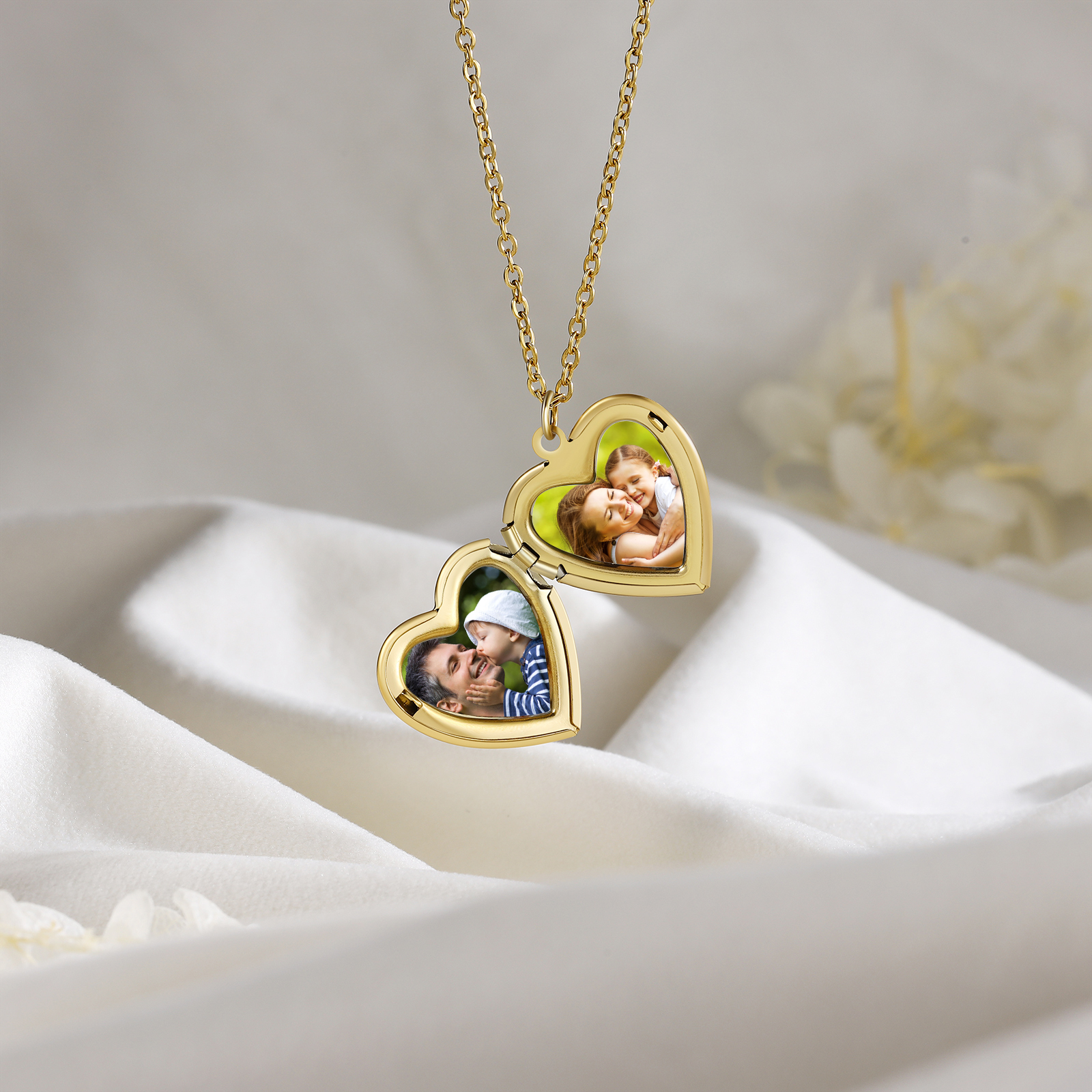 Personalised Heart Locket Pendant Necklace Custom 2 Photos & 1 Birth Flower Gift for Ladies Girls | Jessemade-Jessemade AU