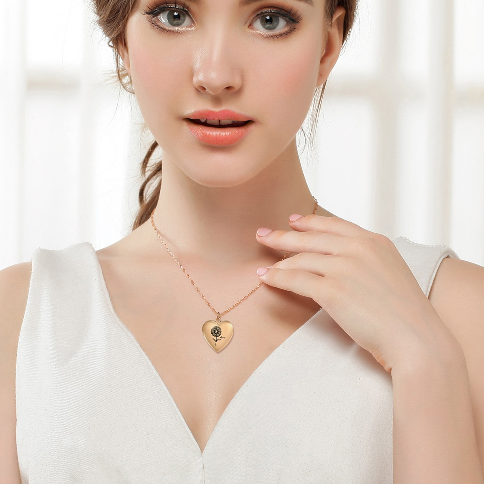 Personalised Heart Locket Pendant Necklace Custom 2 Photos & 1 Birth Flower Gift for Ladies Girls | Jessemade-Jessemade AU