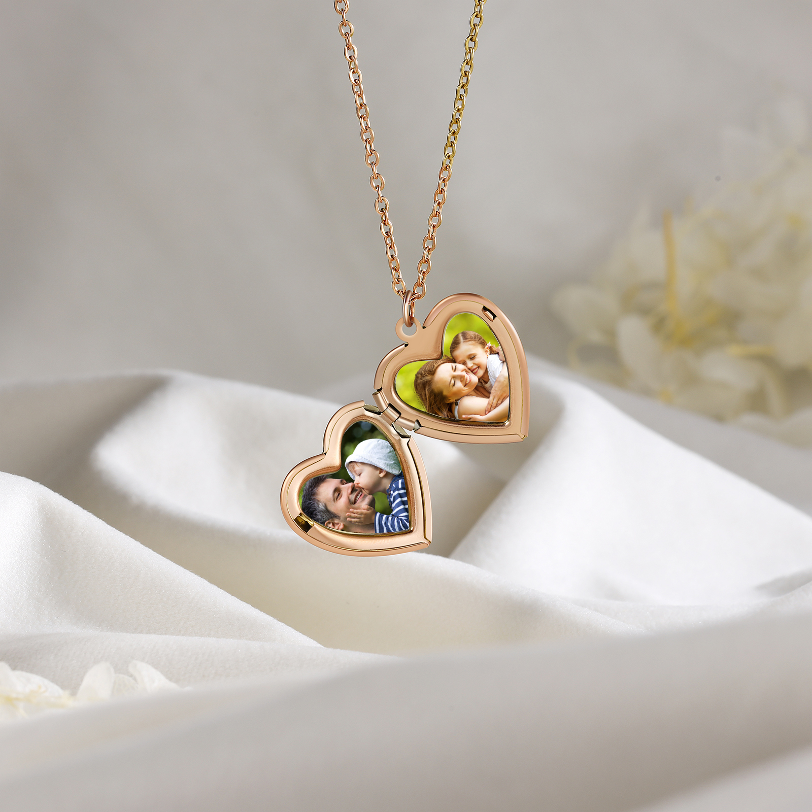 Personalised Heart Locket Pendant Necklace Custom 2 Photos & 1 Birth Flower Gift for Ladies Girls | Jessemade-Jessemade AU