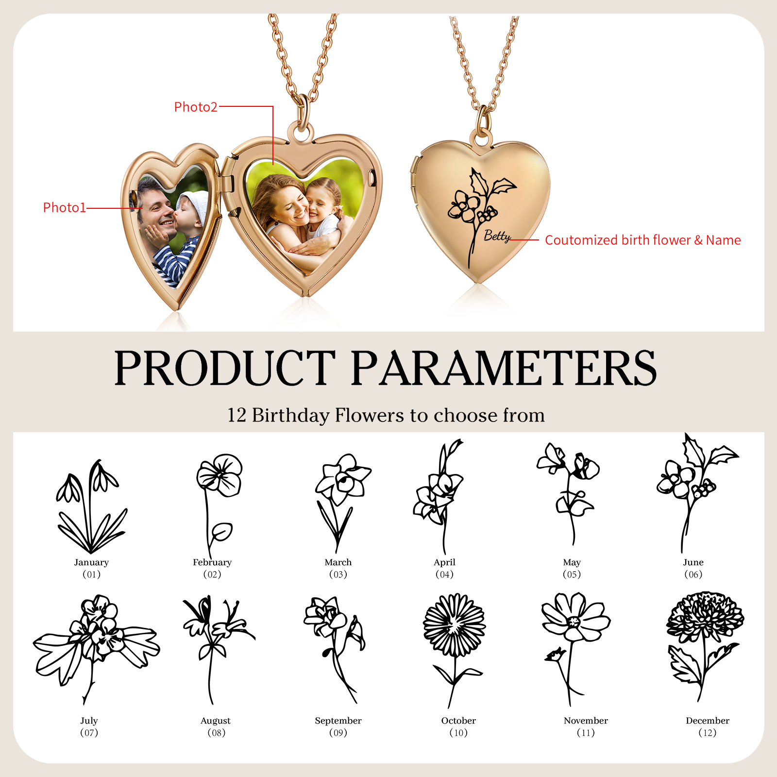 Personalised Heart Locket Pendant Necklace Custom 2 Photos & 1 Birth Flower Gift for Ladies Girls | Jessemade-Jessemade AU