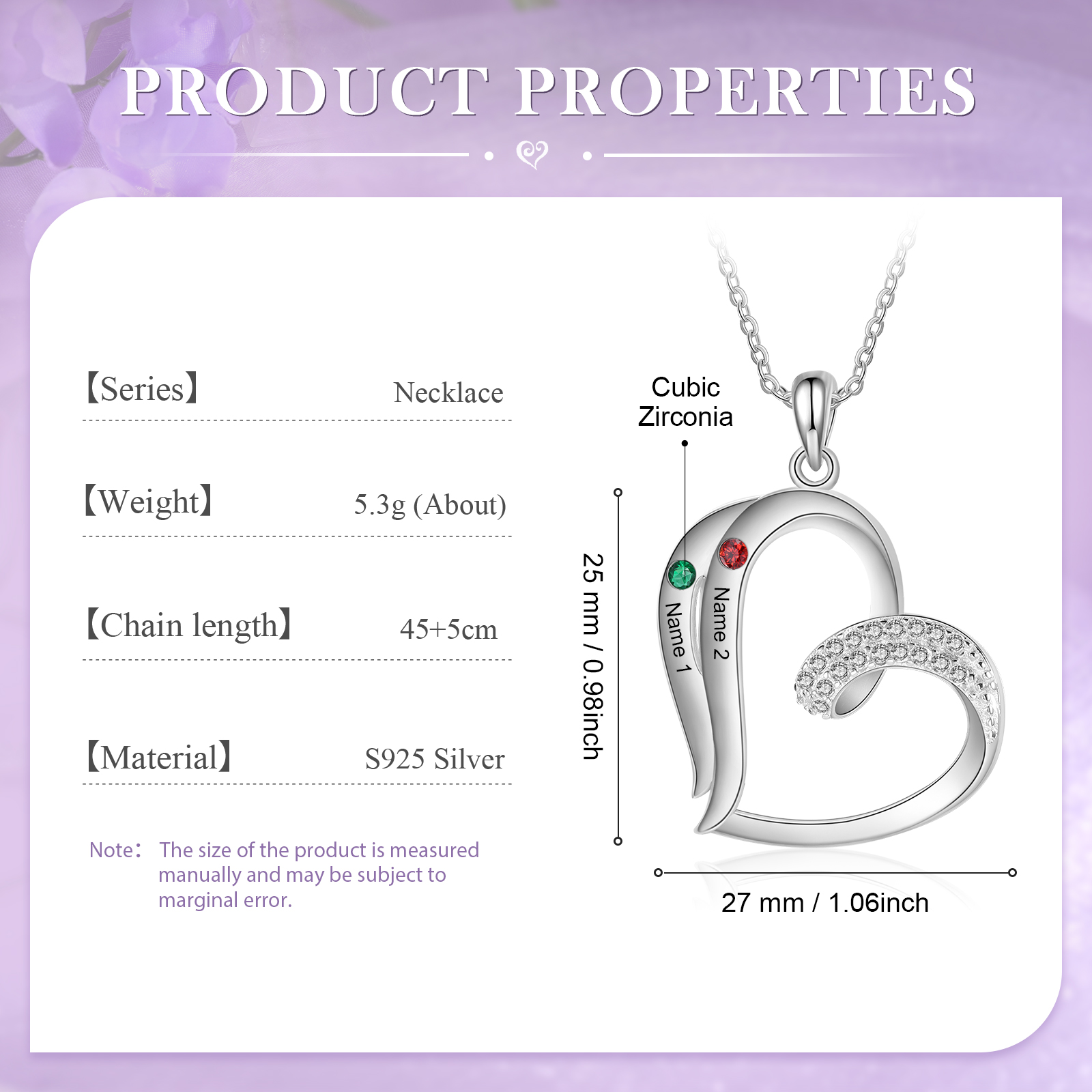 Personalised Heart Sterling Silver Necklace with 2 Names & Birthstones A Thoughtful Gift for Her-Jessemade AU