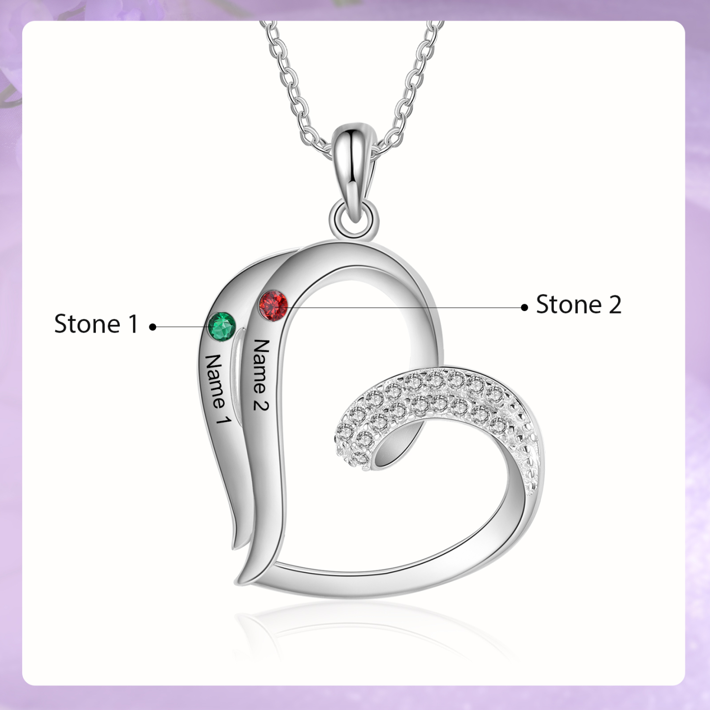 Personalised Heart Sterling Silver Necklace with 2 Names & Birthstones A Thoughtful Gift for Her-Jessemade AU
