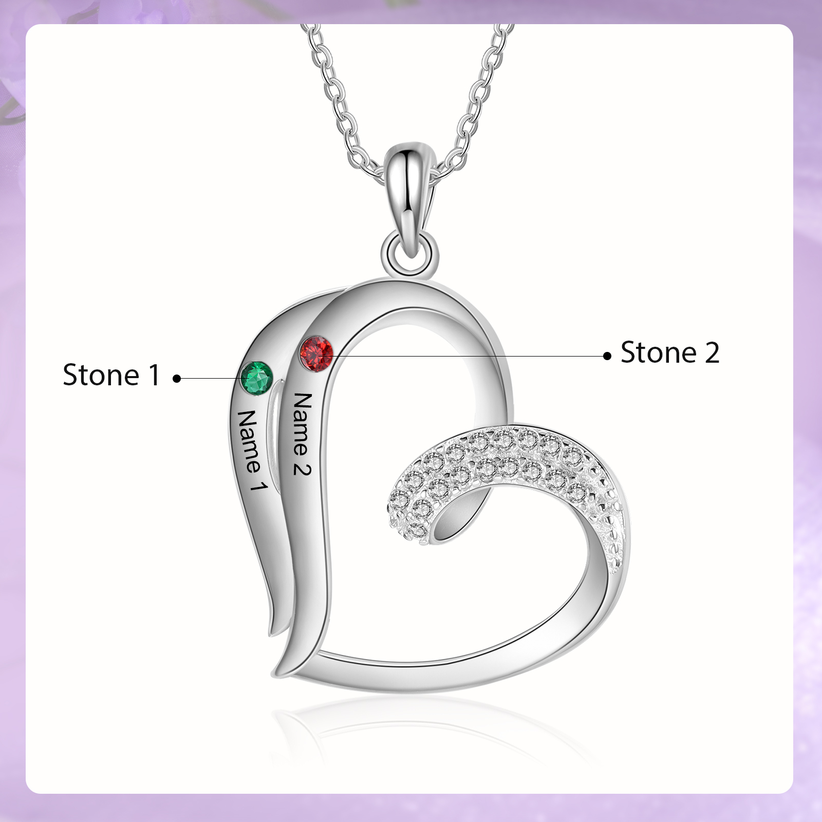 Personalised Heart Sterling Silver Necklace with 2 Names & Birthstones A Thoughtful Gift for Her-Jessemade AU