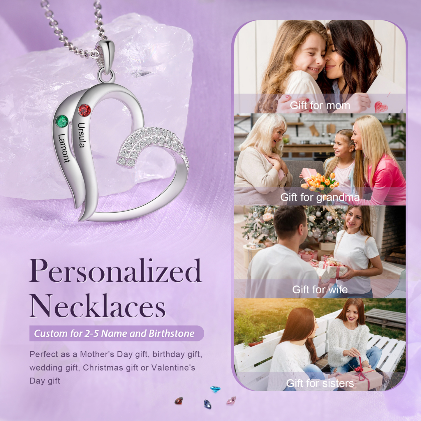 Personalised Heart Sterling Silver Necklace with 2 Names & Birthstones A Thoughtful Gift for Her-Jessemade AU