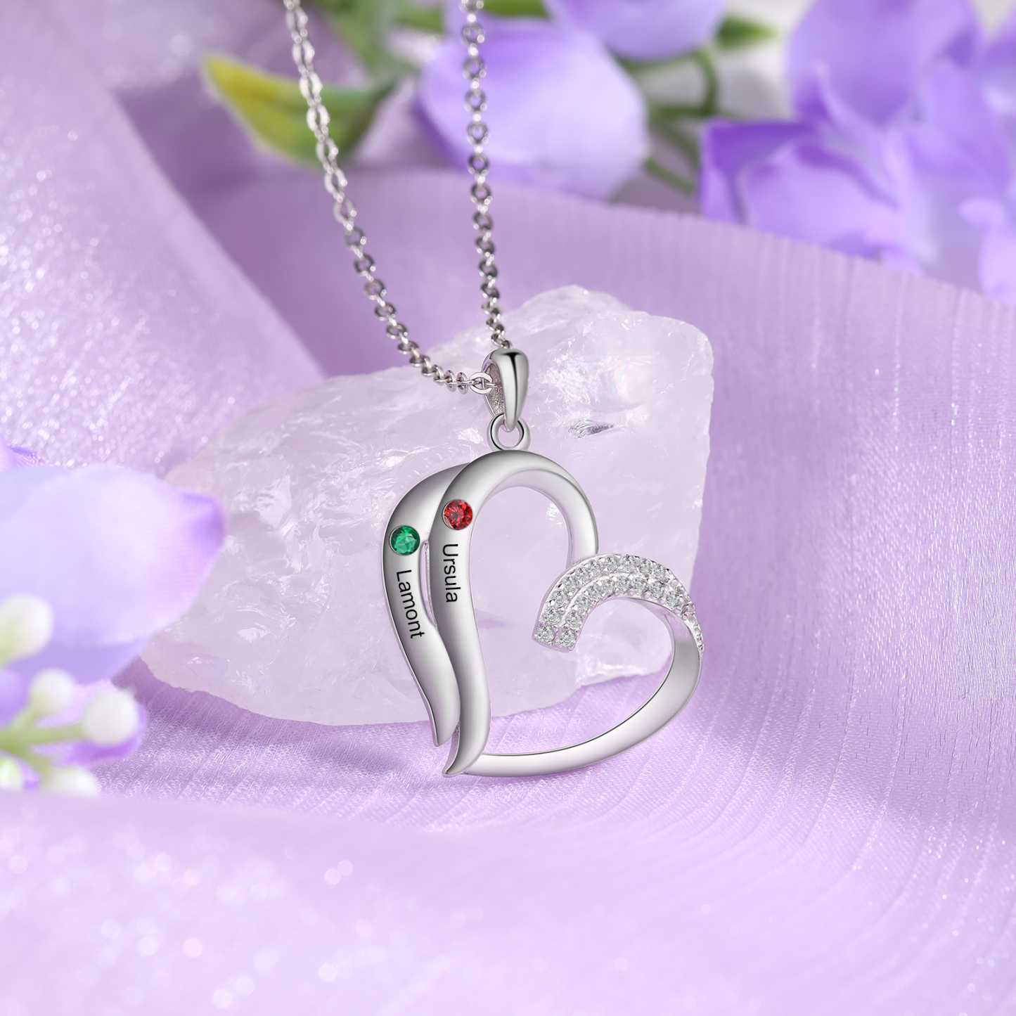 Personalised Heart Sterling Silver Necklace with 2 Names & Birthstones A Thoughtful Gift for Her-Jessemade AU