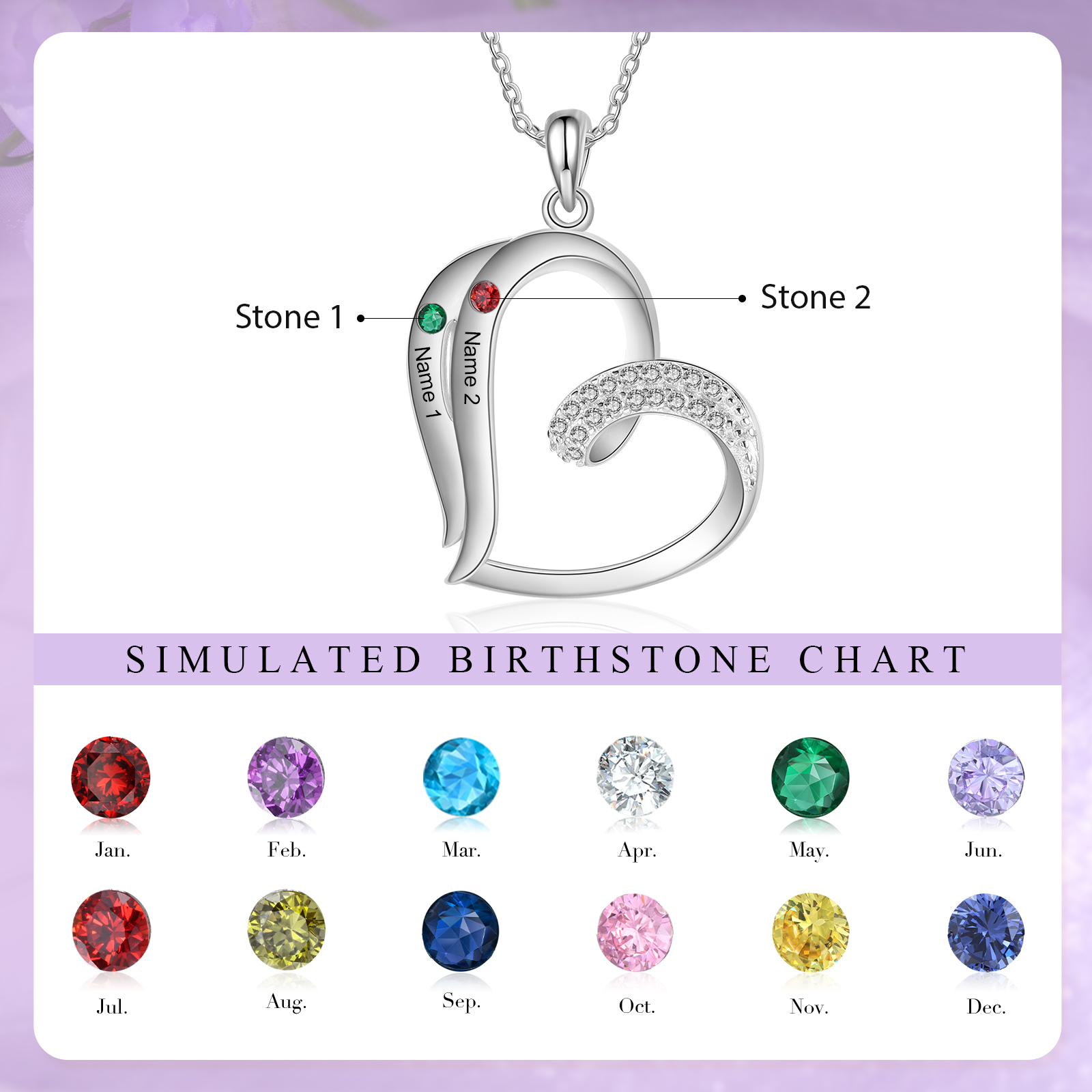 Personalised Heart Necklace with 2 Names & Birthstones A Thoughtful Gift for Her