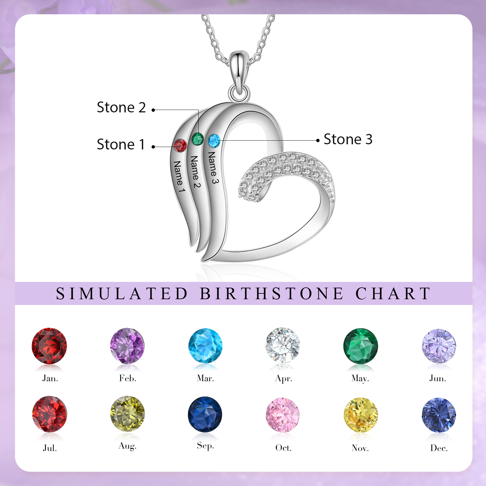 Personalised Heart Necklace with 3 Names & Birthstones A Thoughtful Gift for Her