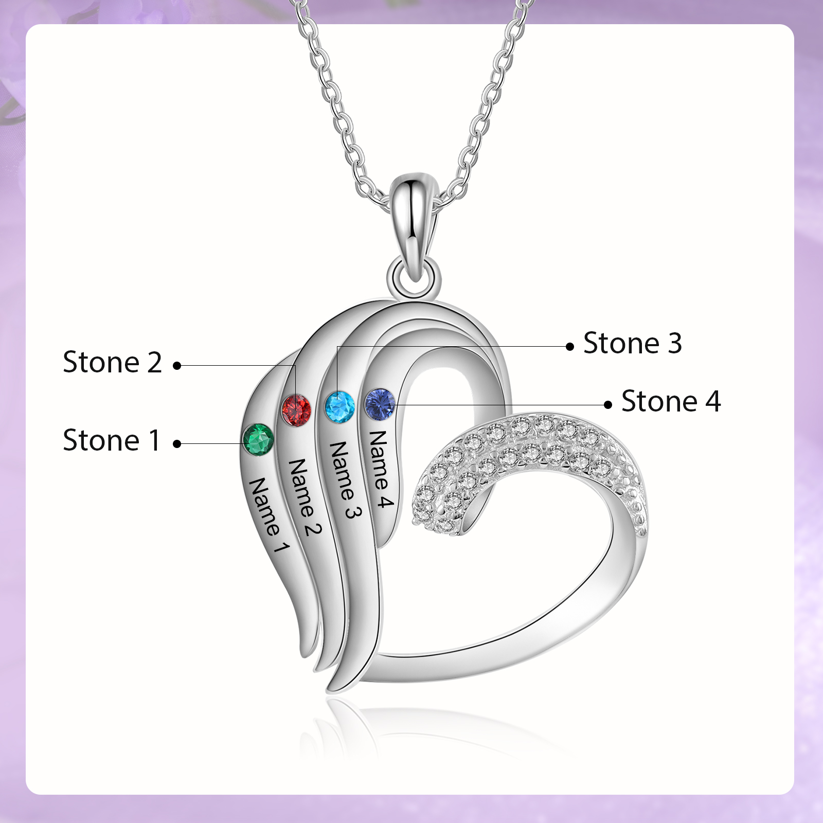 Personalised Heart Sterling Silver Necklace with 4 Names & Birthstones A Thoughtful Gift for Her-Jessemade AU