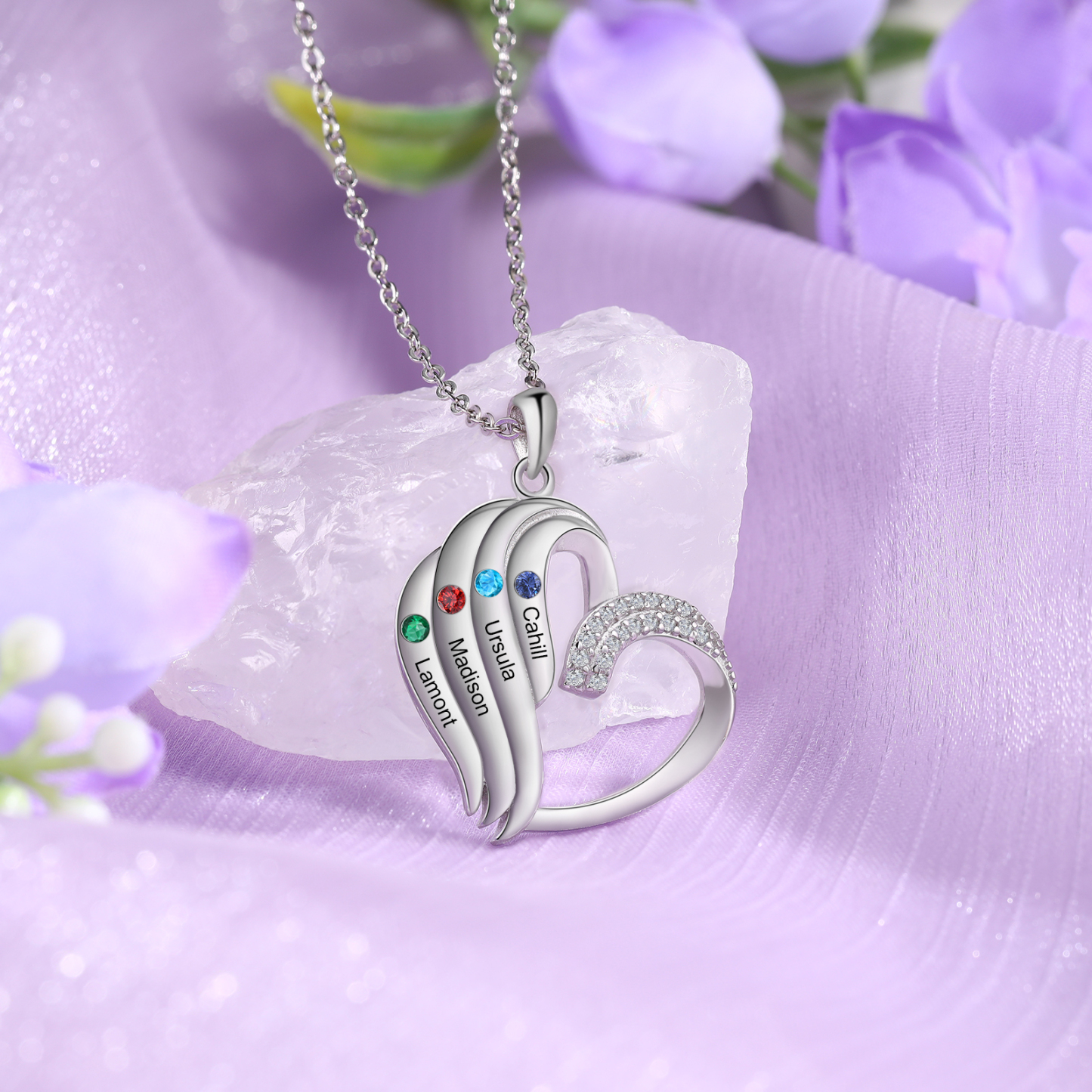 Personalised Heart Sterling Silver Necklace with 4 Names & Birthstones A Thoughtful Gift for Her-Jessemade AU