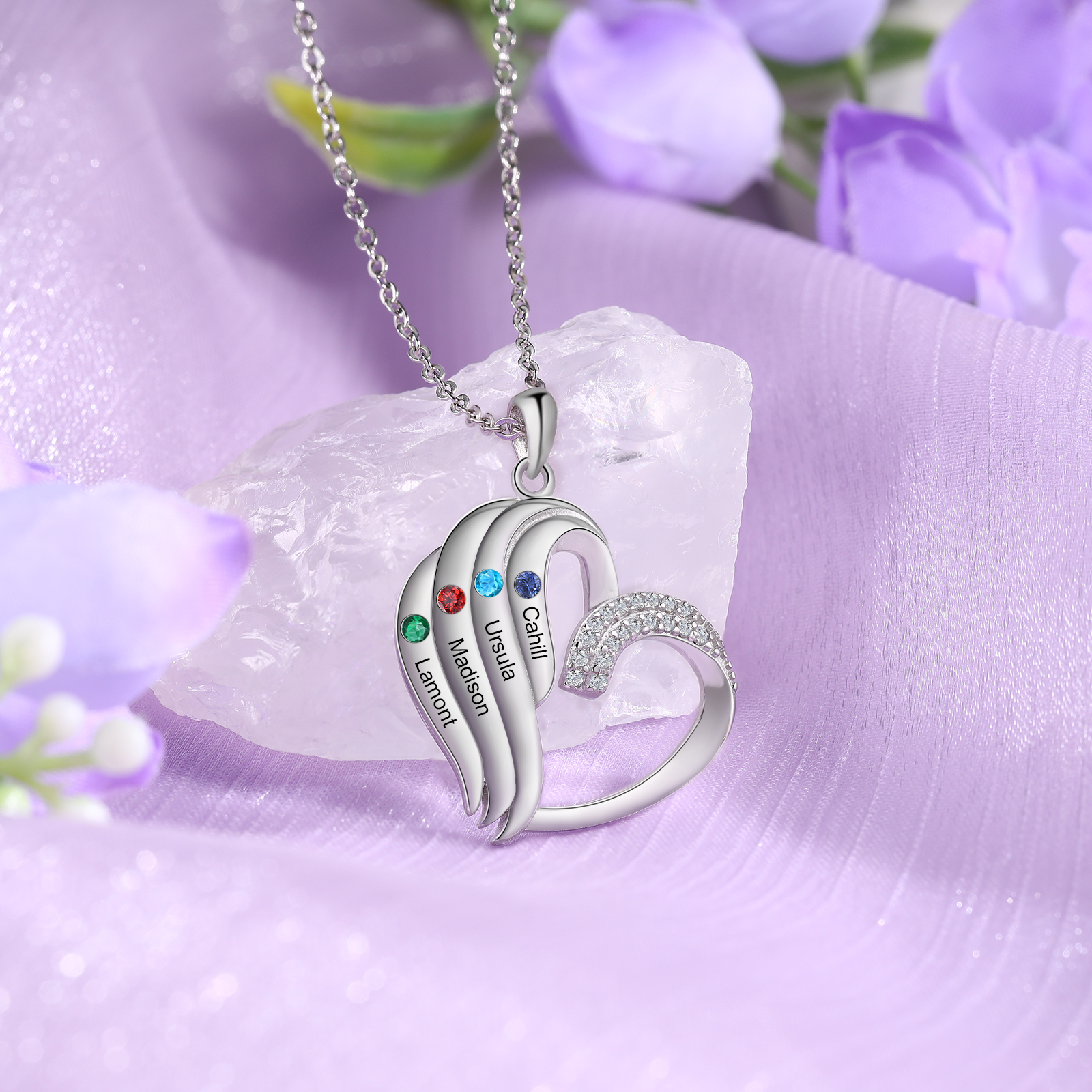 Personalised Heart Sterling Silver Necklace with 4 Names & Birthstones A Thoughtful Gift for Her-Jessemade AU