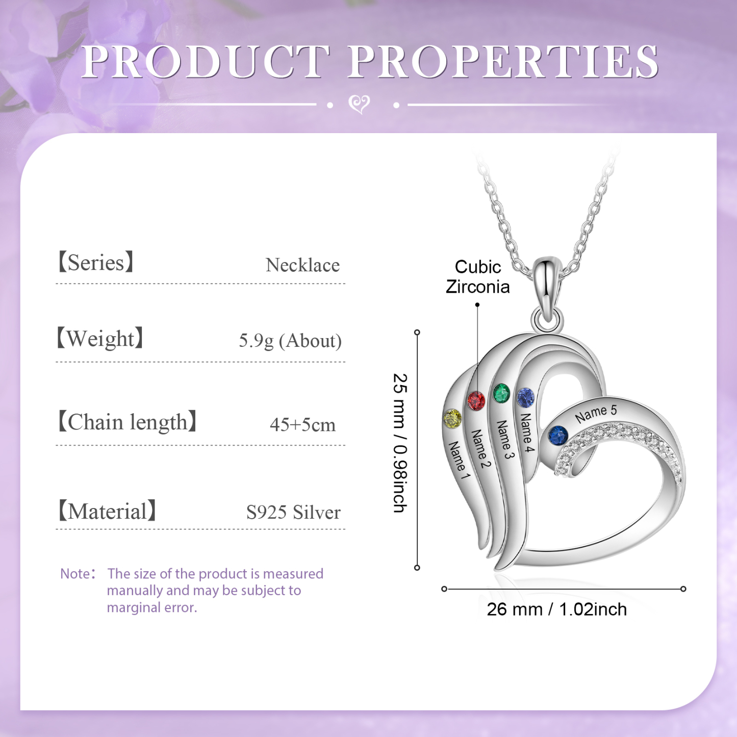 Personalised Heart Sterling Silver Necklace with 5 Names & Birthstones A Thoughtful Gift for Her-Jessemade AU