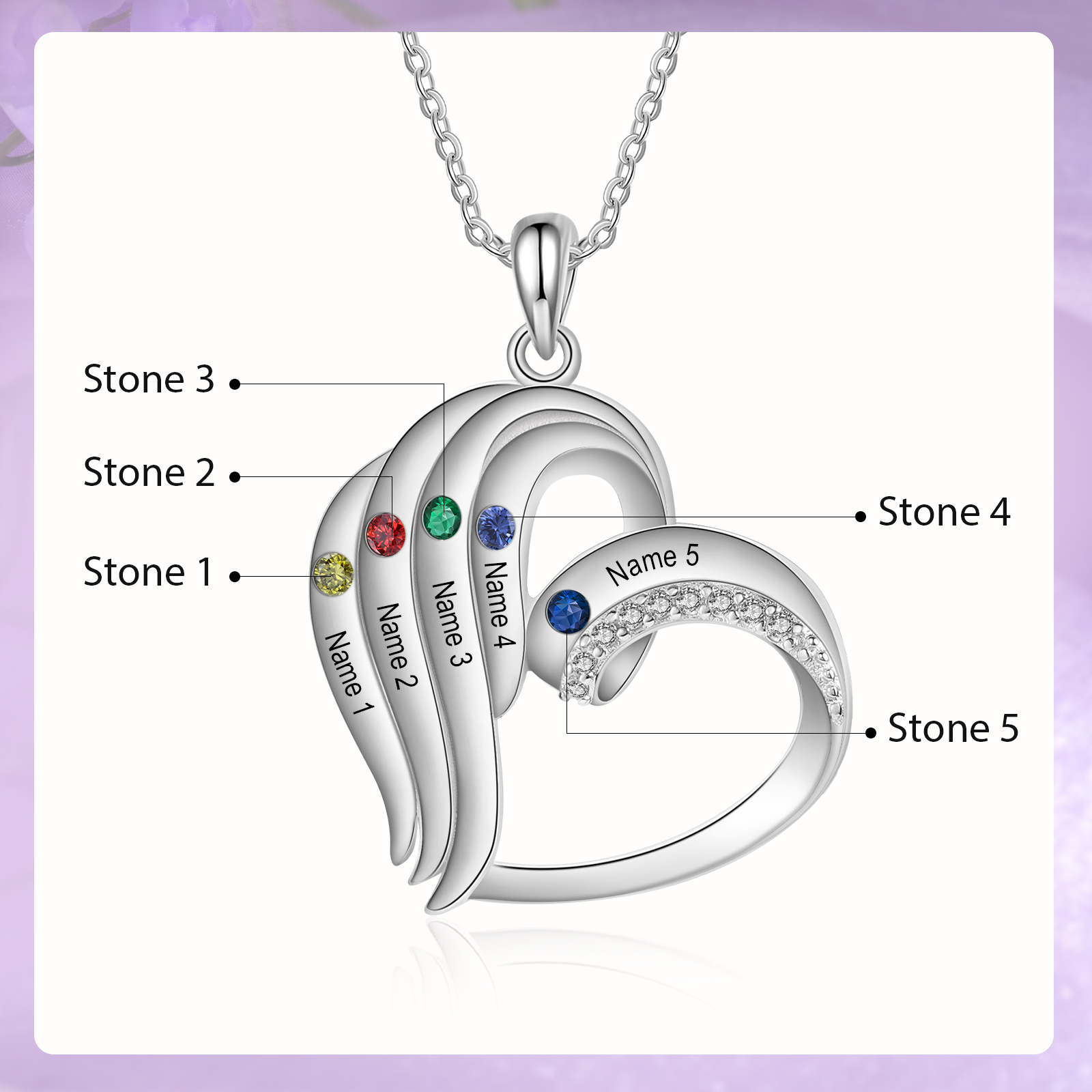 Personalised Heart Sterling Silver Necklace with 5 Names & Birthstones A Thoughtful Gift for Her-Jessemade AU