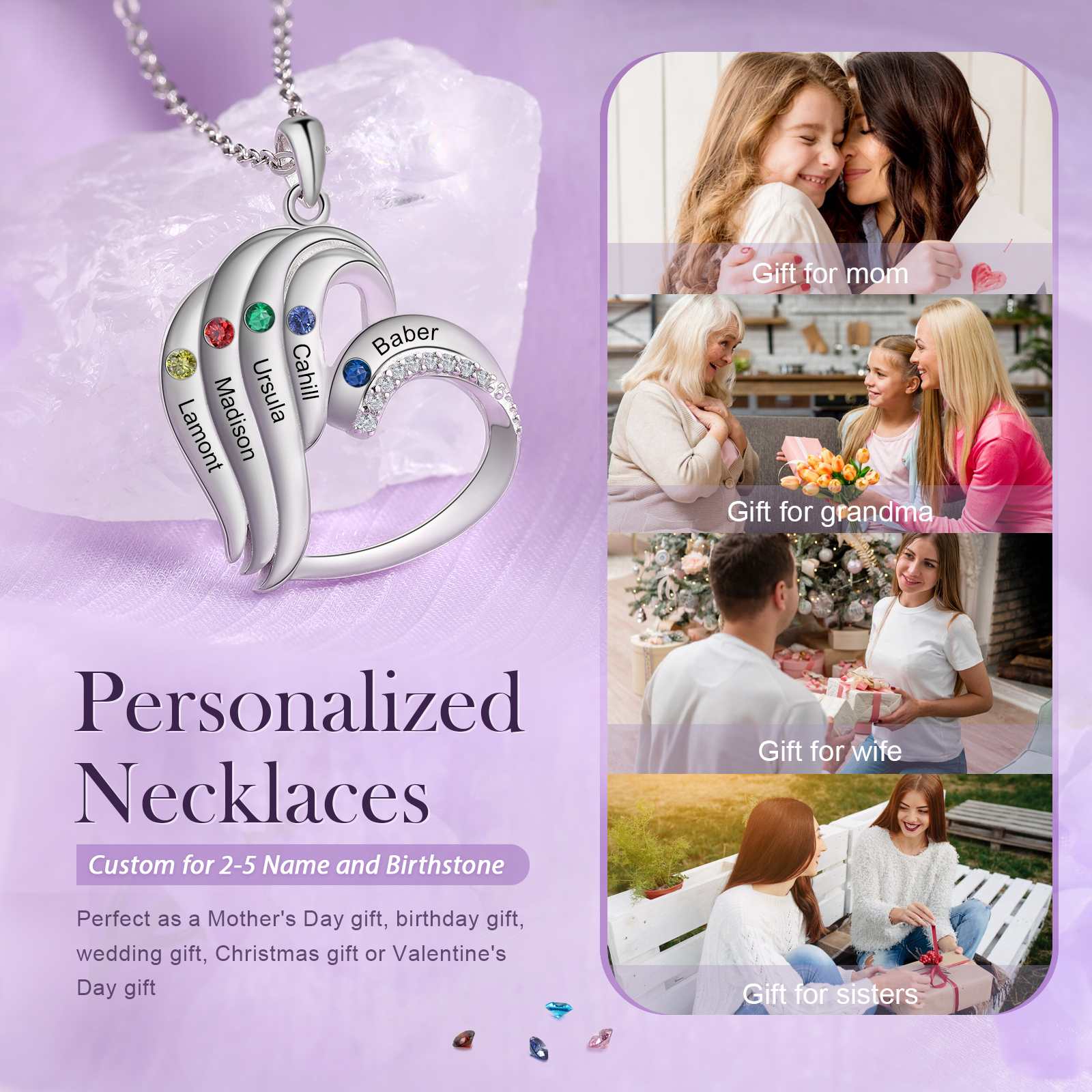 Personalised Heart Sterling Silver Necklace with 5 Names & Birthstones A Thoughtful Gift for Her-Jessemade AU