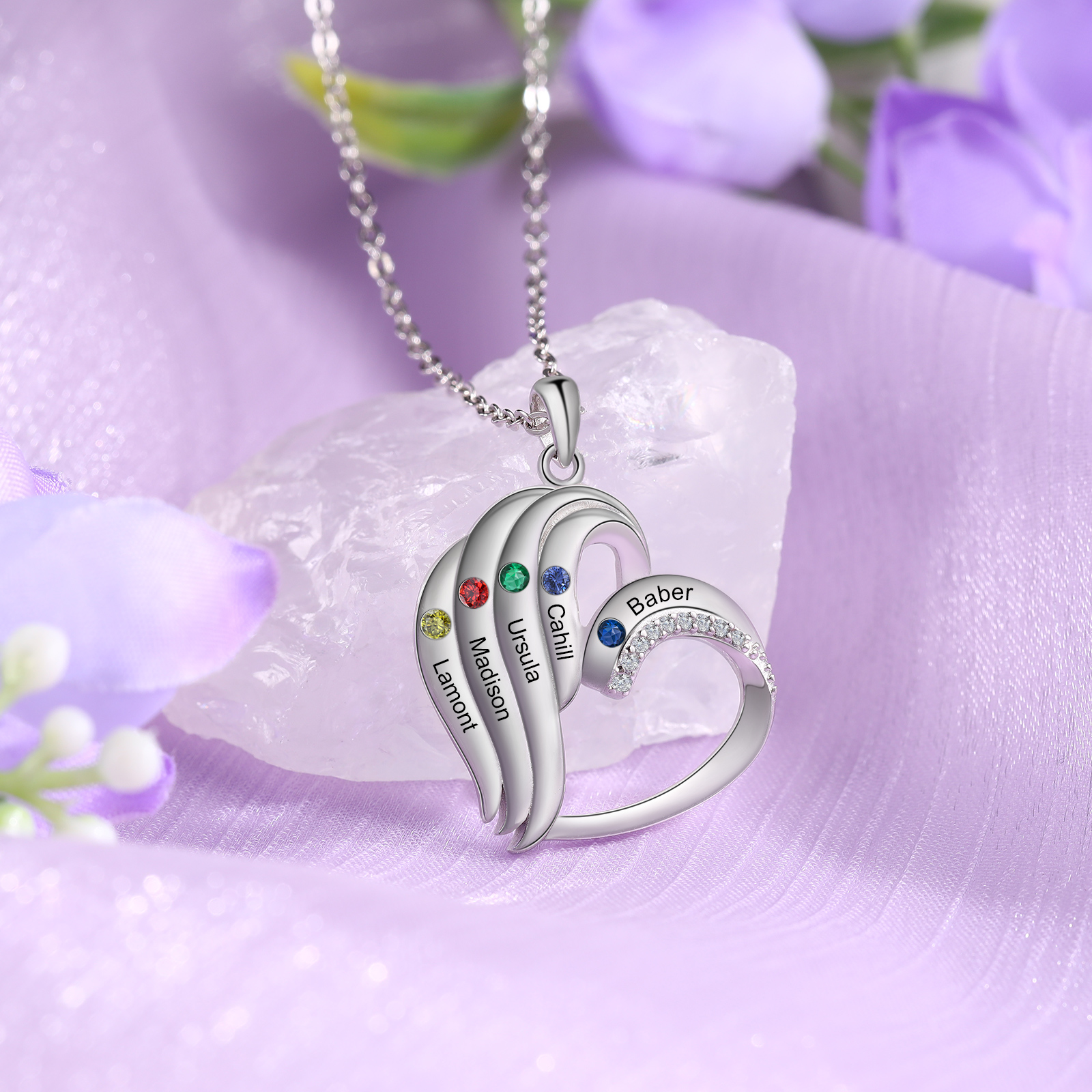 Personalised Heart Sterling Silver Necklace with 5 Names & Birthstones A Thoughtful Gift for Her-Jessemade AU