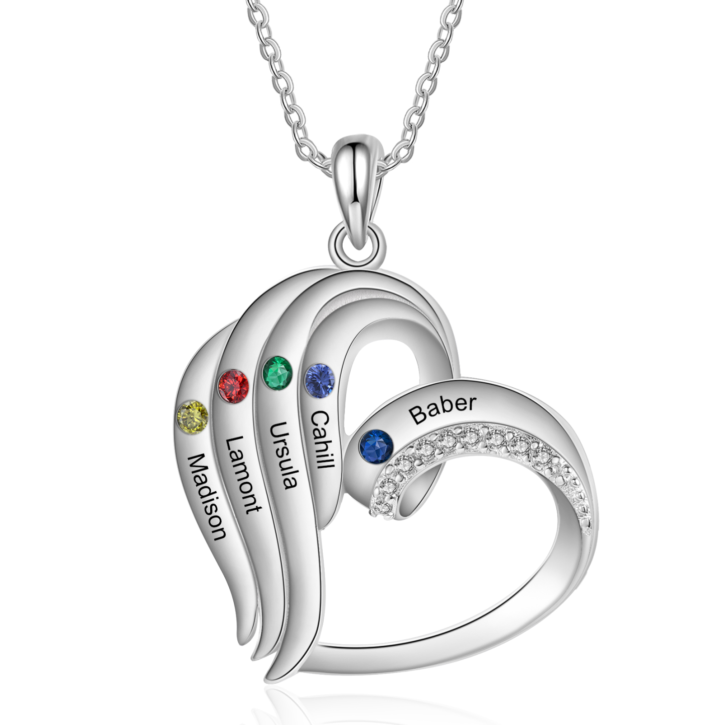 Personalised Heart Sterling Silver Necklace with 5 Names & Birthstones A Thoughtful Gift for Her-Jessemade AU
