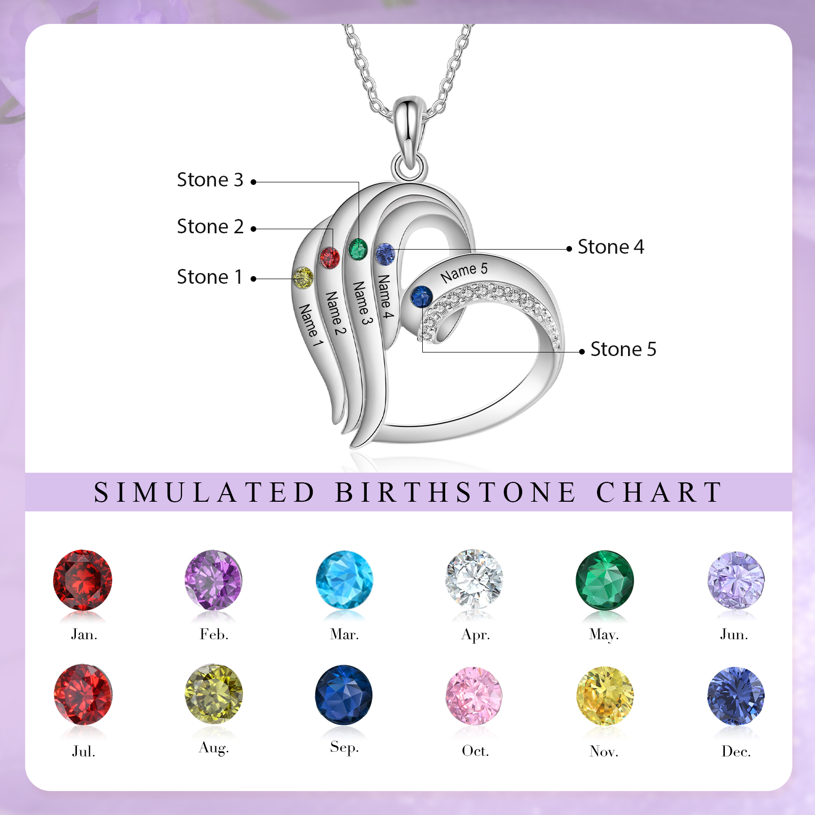 Personalised Heart Necklace with 5 Names & Birthstones A Thoughtful Gift for Her
