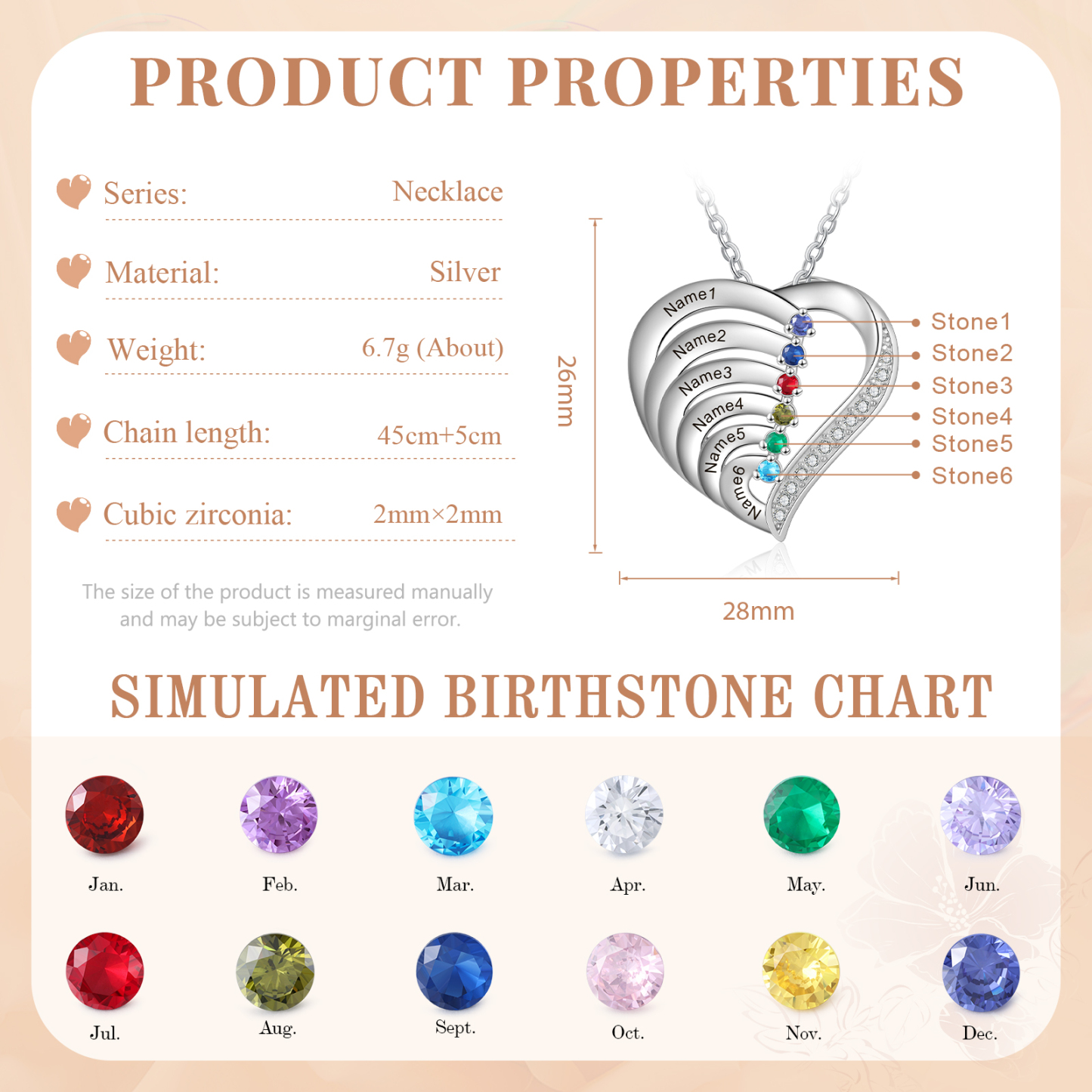 Personalised 6 Names & 6 Birthstones Necklace Custom Heart Pendant Women's Necklace-Jessemade AU