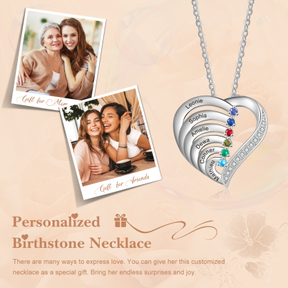 Personalised 6 Names & 6 Birthstones Necklace Custom Heart Pendant Women's Necklace-Jessemade AU