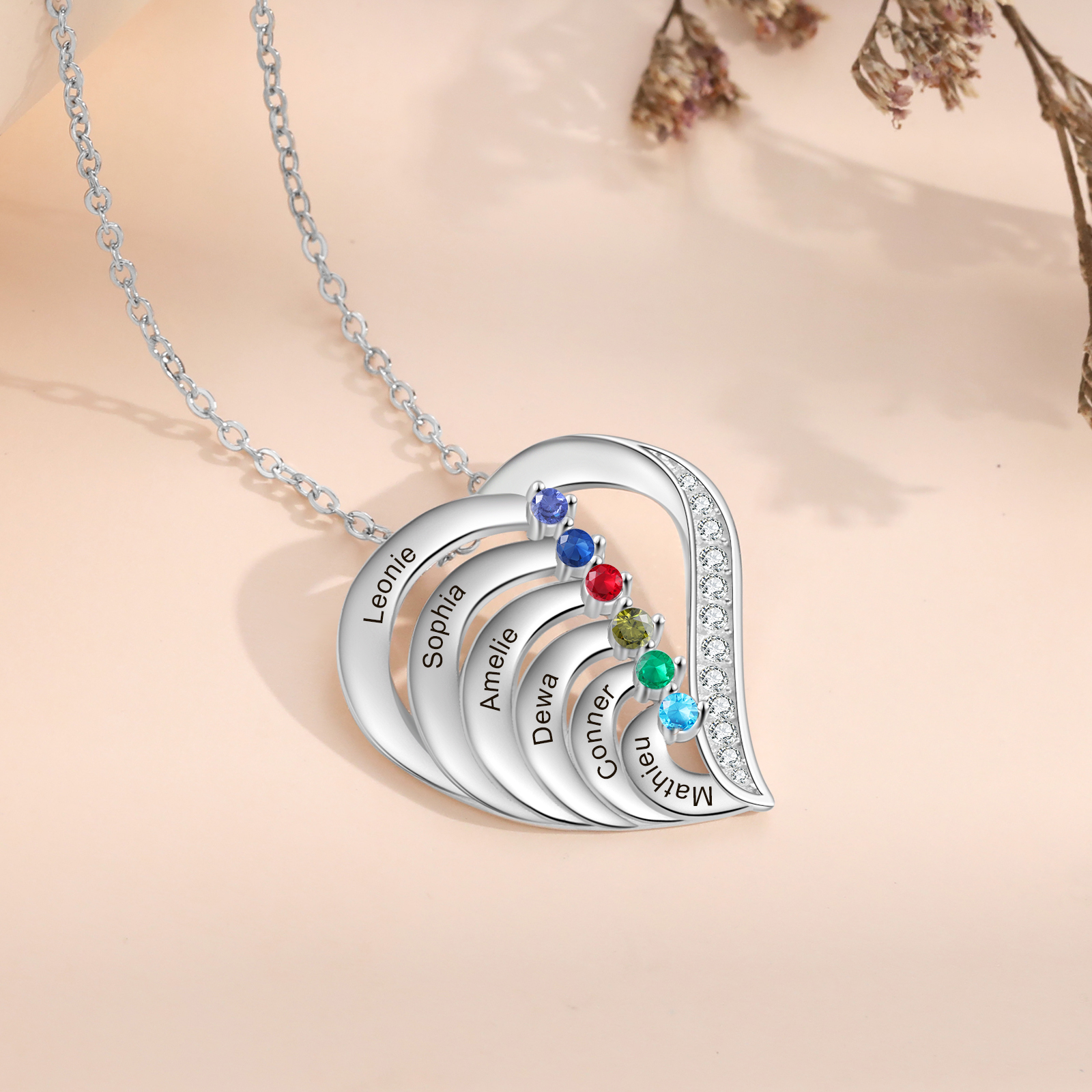 Personalised 6 Names & 6 Birthstones Necklace Custom Heart Pendant Women's Necklace-Jessemade AU
