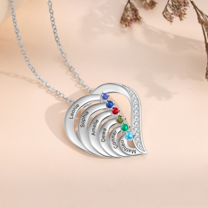 Personalised 6 Names & 6 Birthstones Necklace Custom Heart Pendant Women's Necklace-Jessemade AU