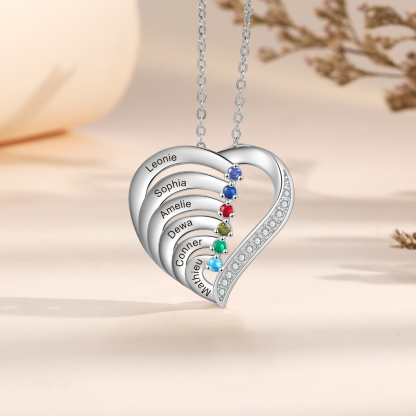 Personalised 6 Names & 6 Birthstones Necklace Custom Heart Pendant Women's Necklace-Jessemade AU