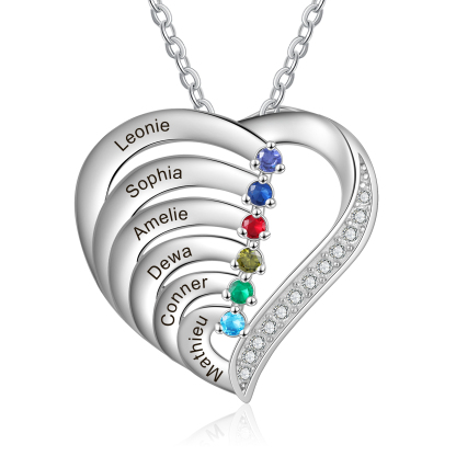 Personalised 6 Names & 6 Birthstones Necklace Custom Heart Pendant Women's Necklace-Jessemade AU
