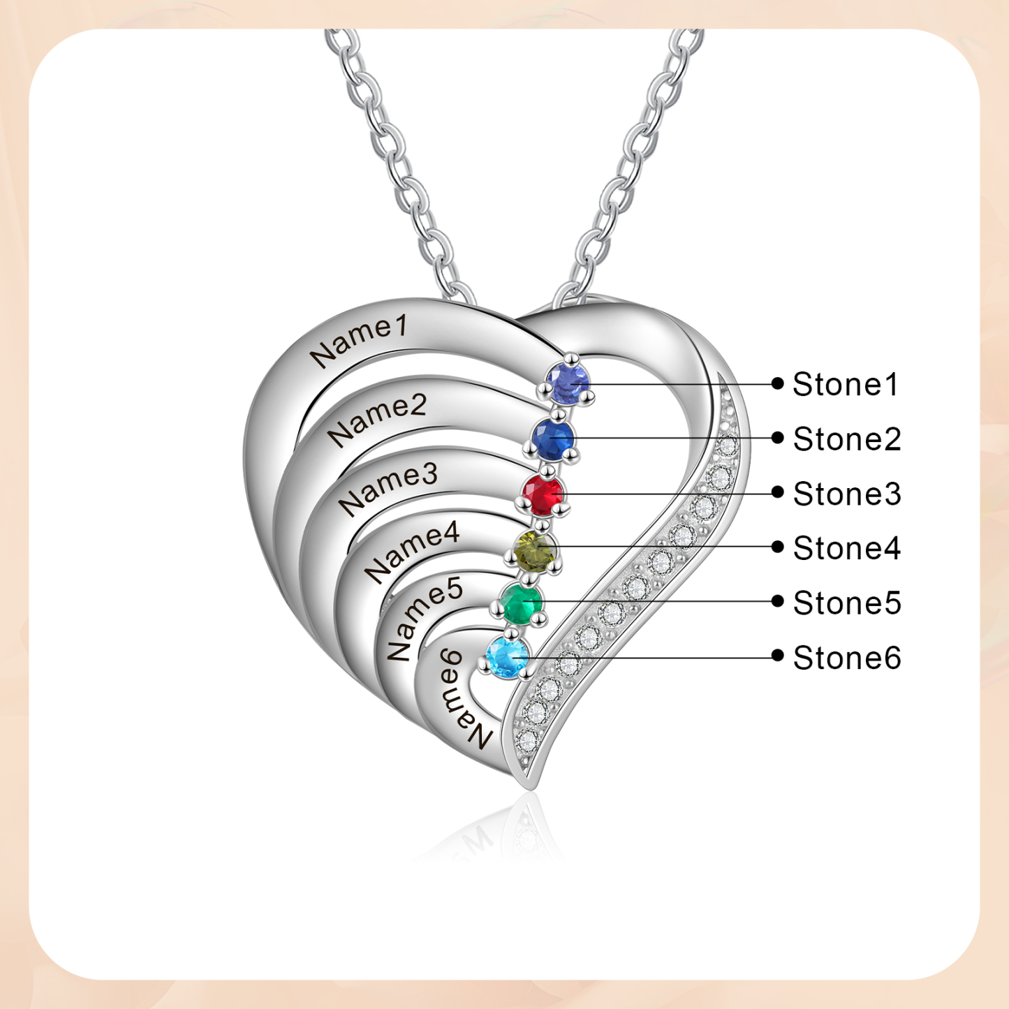 Personalised 6 Names & 6 Birthstones Necklace Custom Heart Pendant Women's Necklace-Jessemade AU