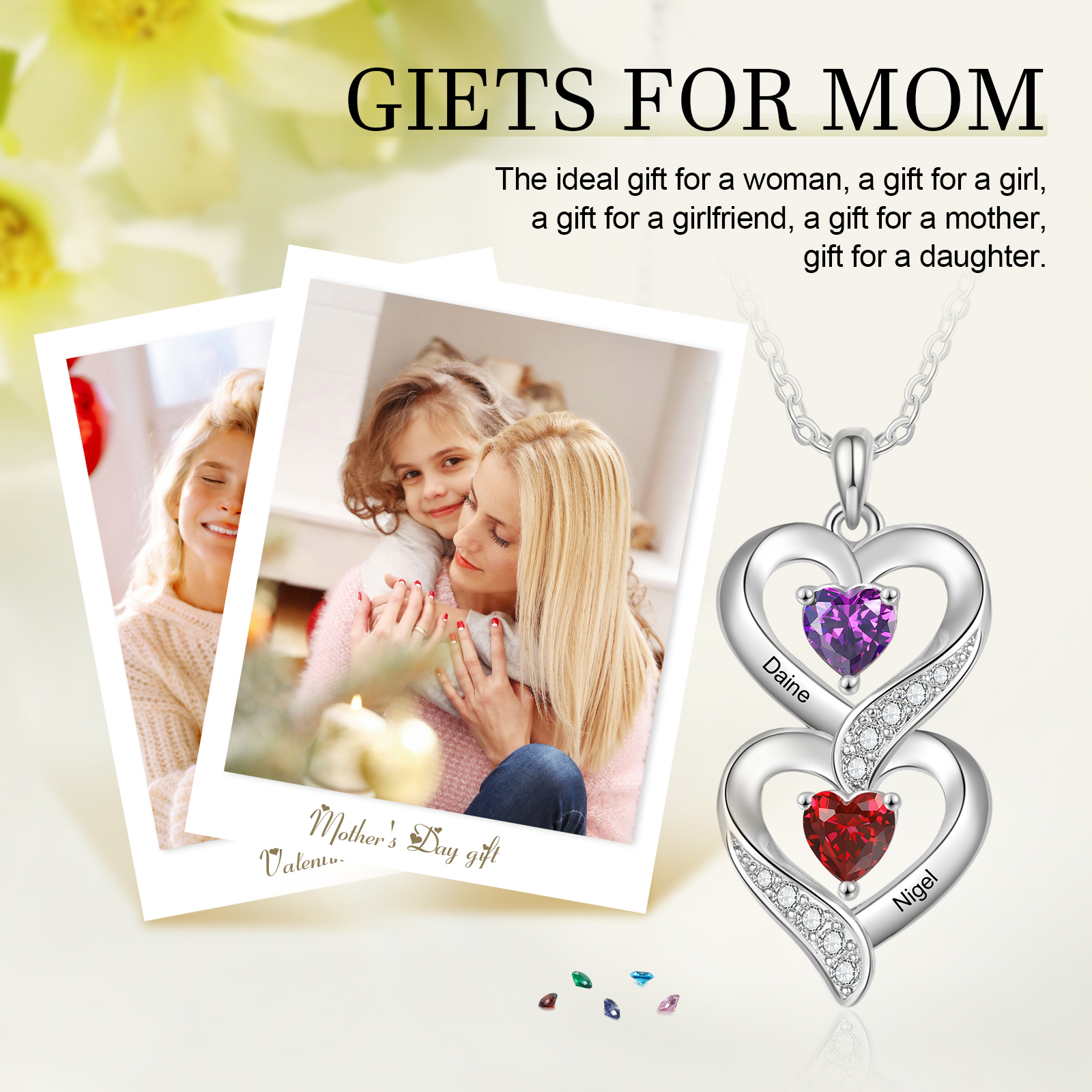 Personalised Mothers Pendant Necklace with 2-5 Heart Simulated Birthstone Custom Engraved Family Name Necklace for Women Mom Christmas