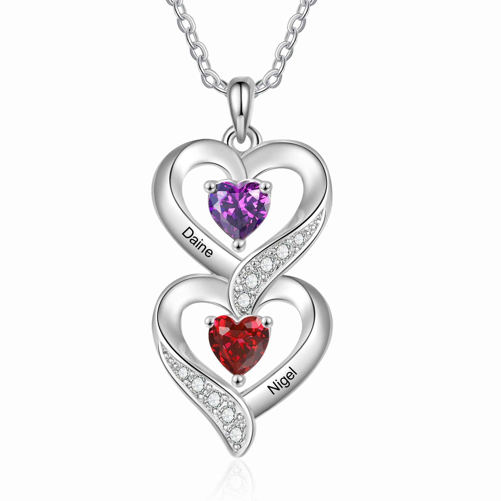 Personalised Mothers Pendant Necklace with 2-5 Heart Simulated Birthstone Custom Engraved Family Name Necklace for Women Mom Christmas