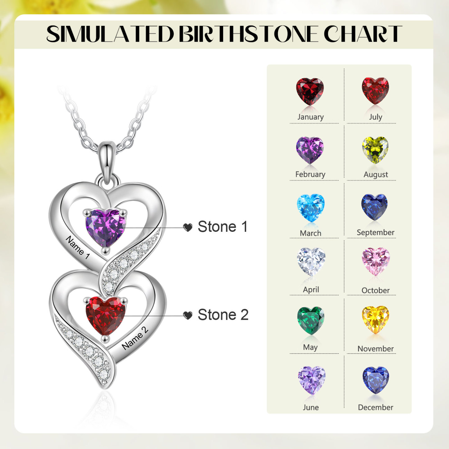 Personalised Mothers Pendant Necklace with 2-5 Heart Simulated Birthstone Custom Engraved Family Name Necklace for Women Mom Christmas