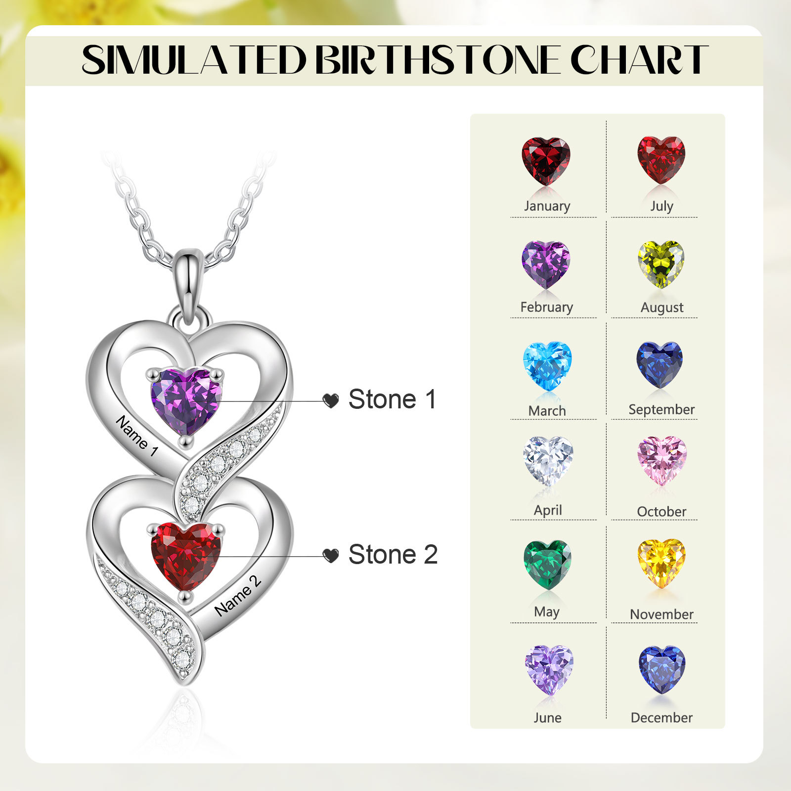 Personalised Mothers Pendant Necklace with 2-5 Heart Simulated Birthstone Custom Engraved Family Name Necklace for Women Mom Christmas