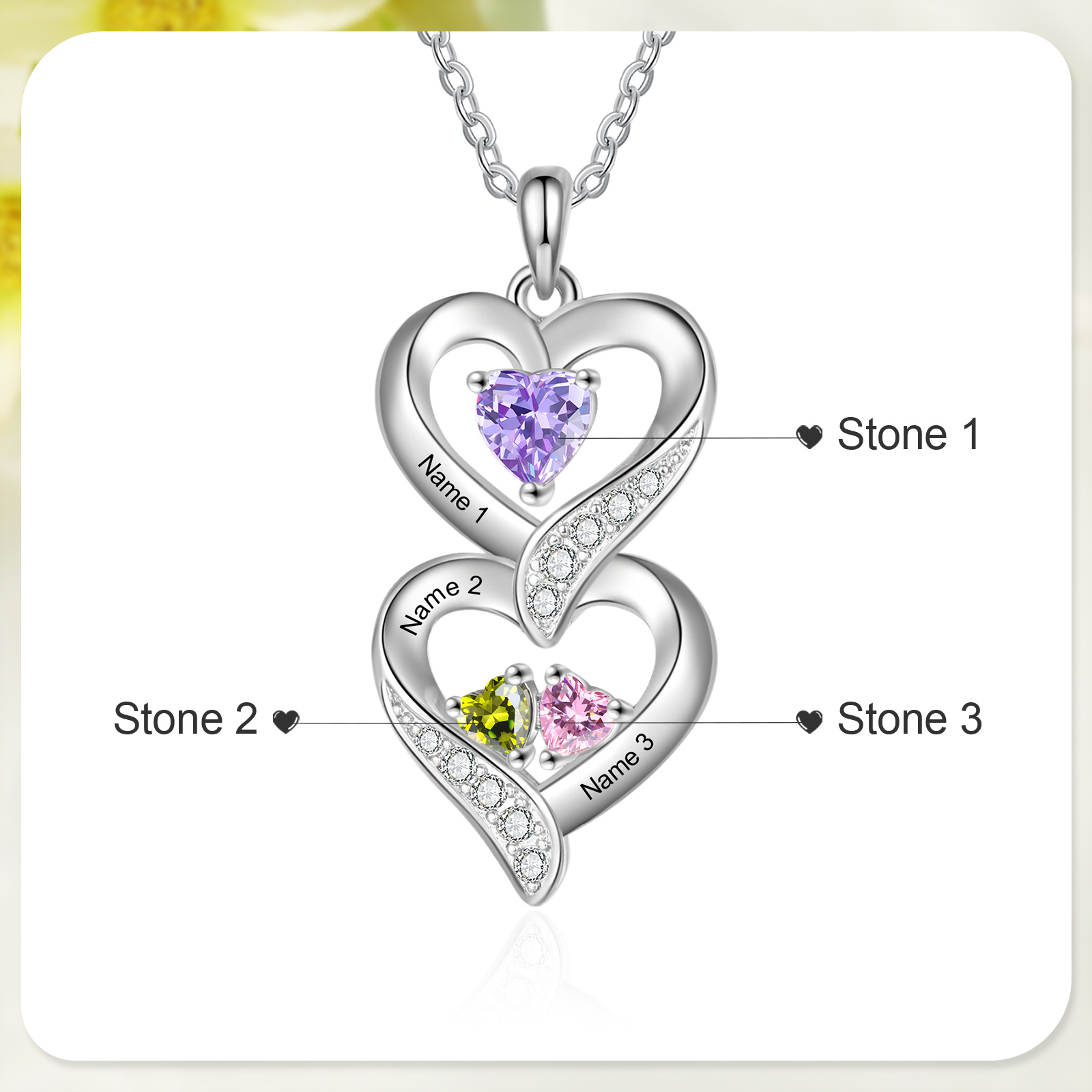 Personalised Mothers Pendant Necklace with 2-5 Heart Simulated Birthstone Custom Engraved Family Name Necklace for Women Mom Christmas