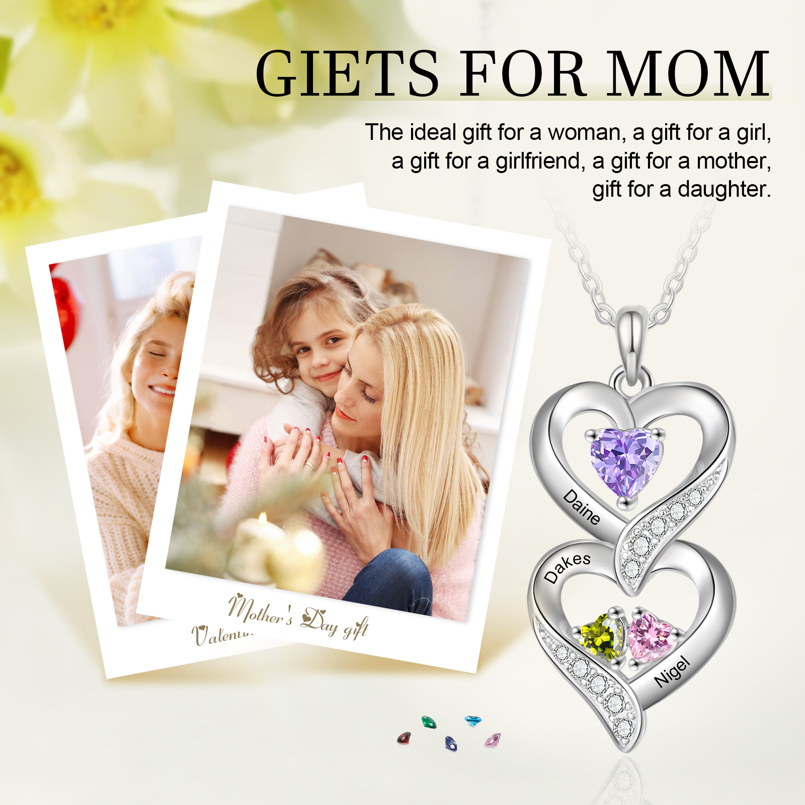 Personalised Mothers Pendant Necklace with 2-5 Heart Simulated Birthstone Custom Engraved Family Name Necklace for Women Mom Christmas