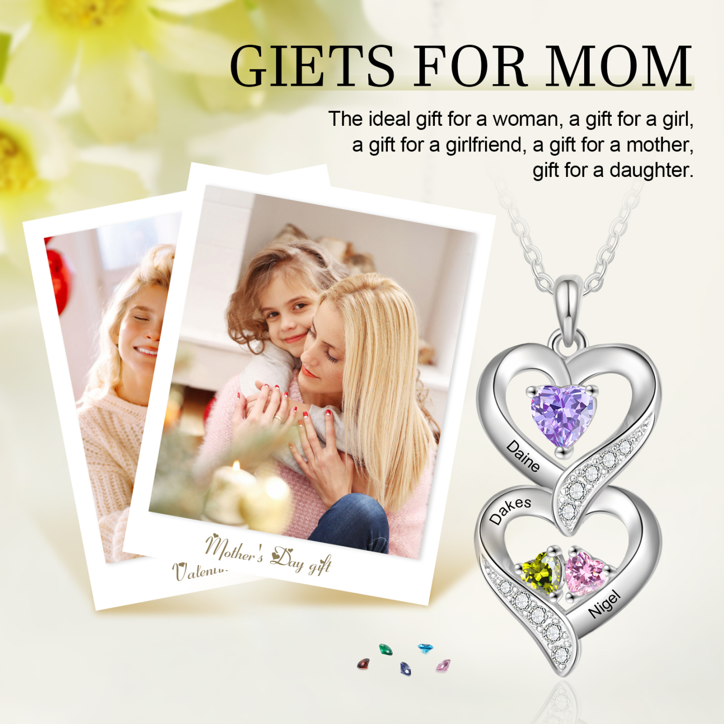 Personalised Mothers Pendant Necklace with 2-5 Heart Simulated Birthstone Custom Engraved Family Name Necklace for Women Mom Christmas