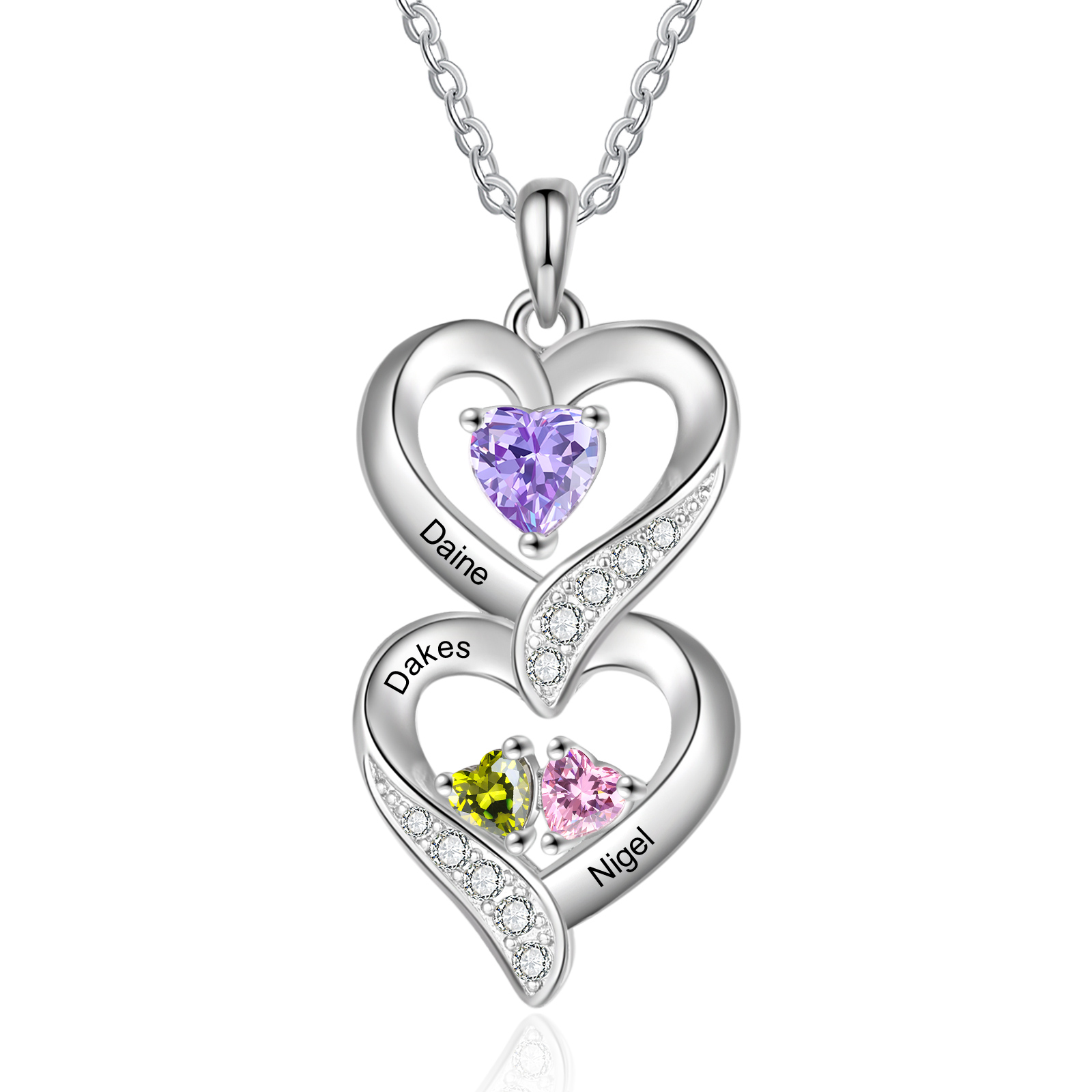 Personalised Mothers Pendant Necklace with 2-5 Heart Simulated Birthstone Custom Engraved Family Name Necklace for Women Mom Christmas