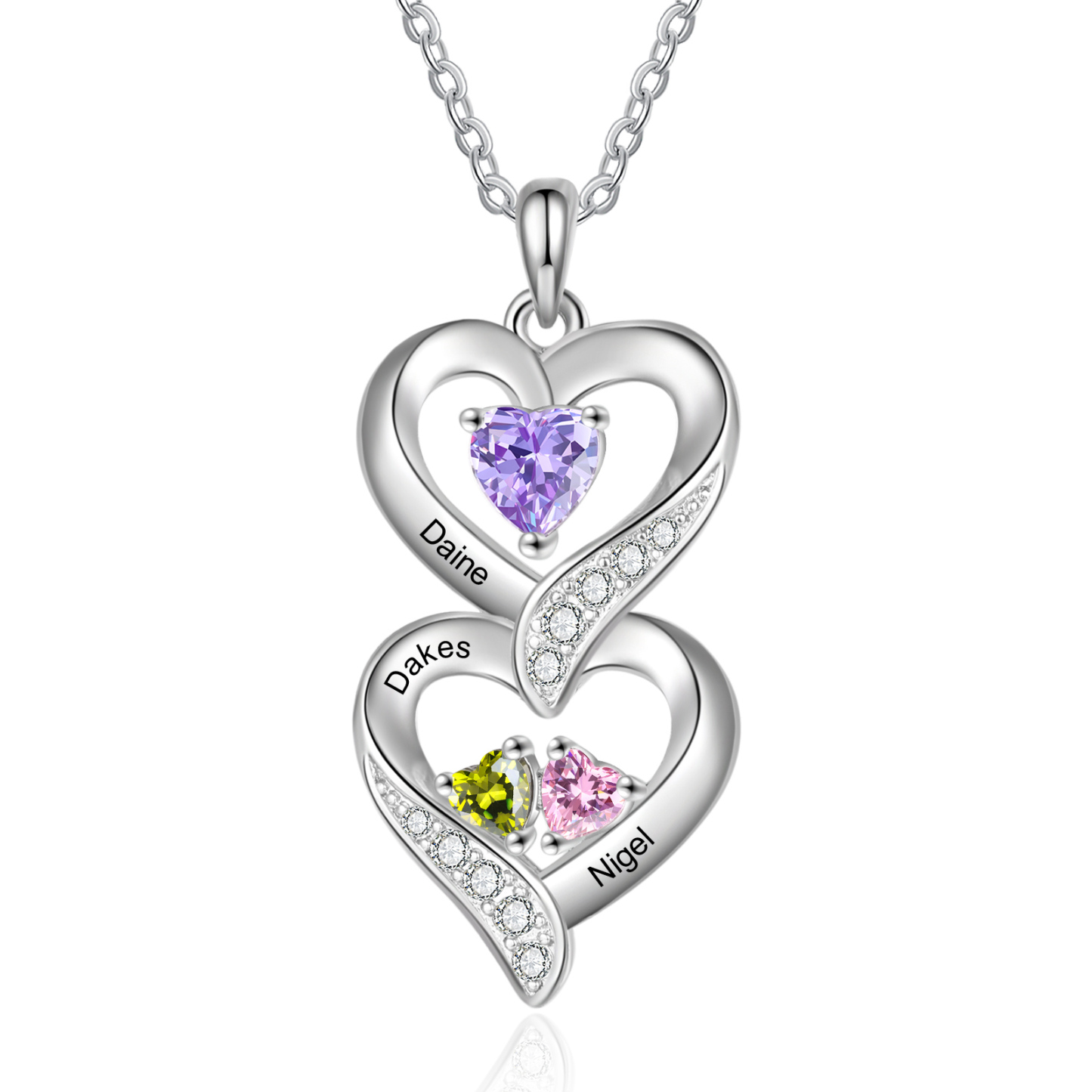 Personalised Mothers Pendant Necklace with 2-5 Heart Simulated Birthstone Custom Engraved Family Name Necklace for Women Mom Christmas