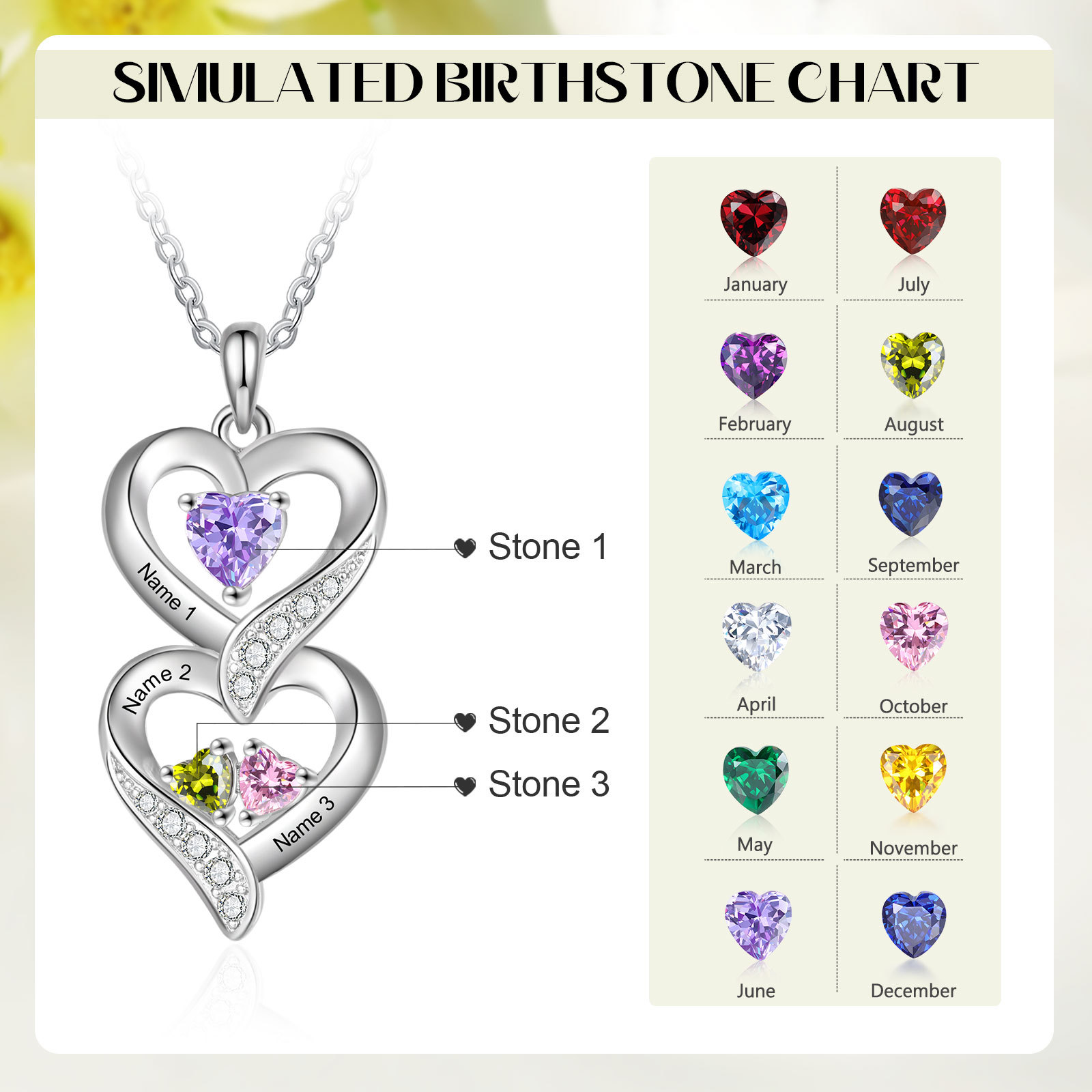 Personalised Mothers Pendant Necklace with 2-5 Heart Simulated Birthstone Custom Engraved Family Name Necklace for Women Mom Christmas