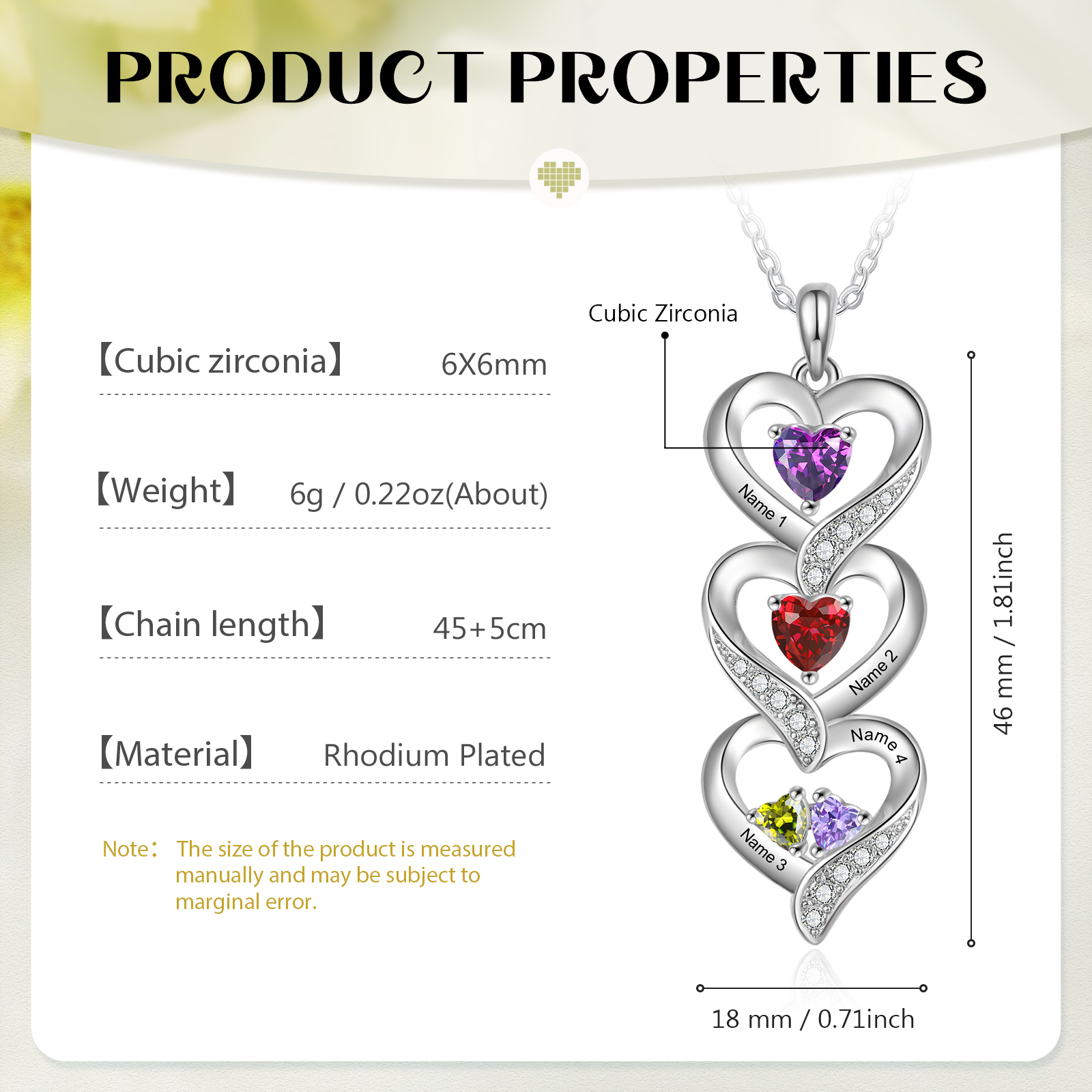 Personalised Mothers Pendant Necklace with 2-5 Heart Simulated Birthstone Custom Engraved Family Name Necklace for Women Mom Christmas