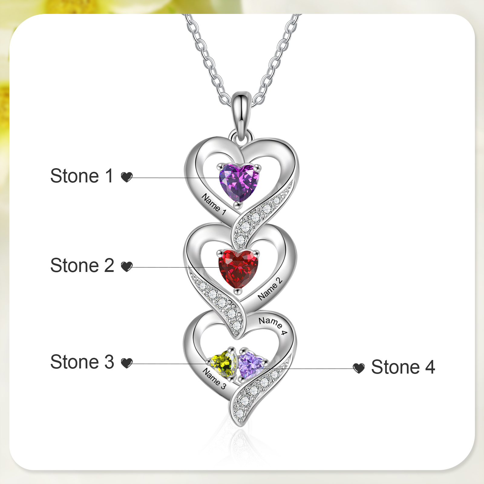 Personalised Mothers Pendant Necklace with 2-5 Heart Simulated Birthstone Custom Engraved Family Name Necklace for Women Mom Christmas