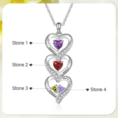 Personalised Mothers Pendant Necklace with 2-5 Heart Simulated Birthstone Custom Engraved Family Name Necklace for Women Mom Christmas