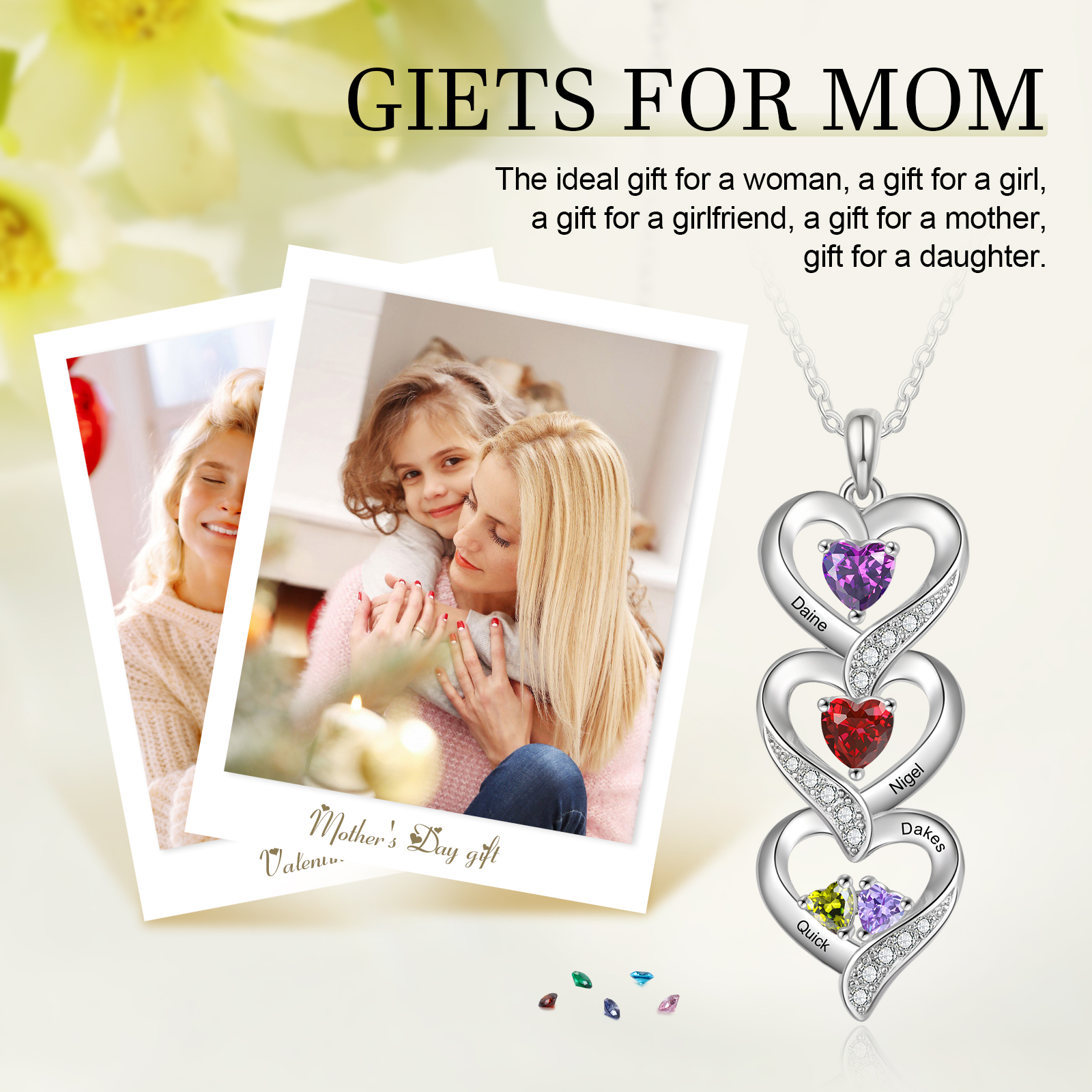 Personalised Mothers Pendant Necklace with 2-5 Heart Simulated Birthstone Custom Engraved Family Name Necklace for Women Mom Christmas