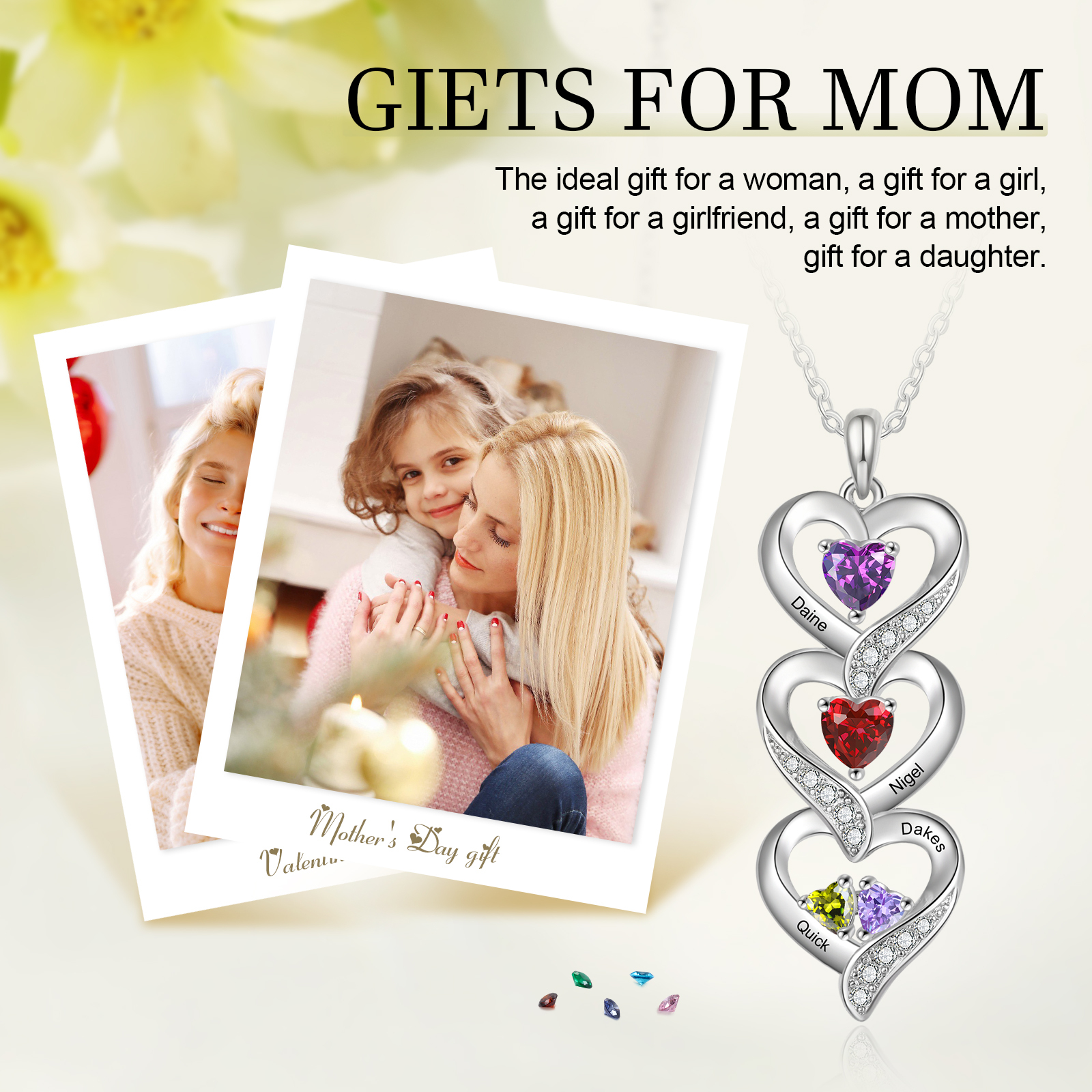 Personalised Mothers Pendant Necklace with 2-5 Heart Simulated Birthstone Custom Engraved Family Name Necklace for Women Mom Christmas